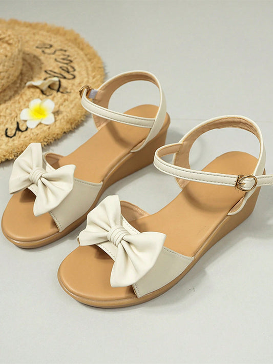 Teenage Girls' Sweet Bow Knot Wedge Sandals With Ankle Strap