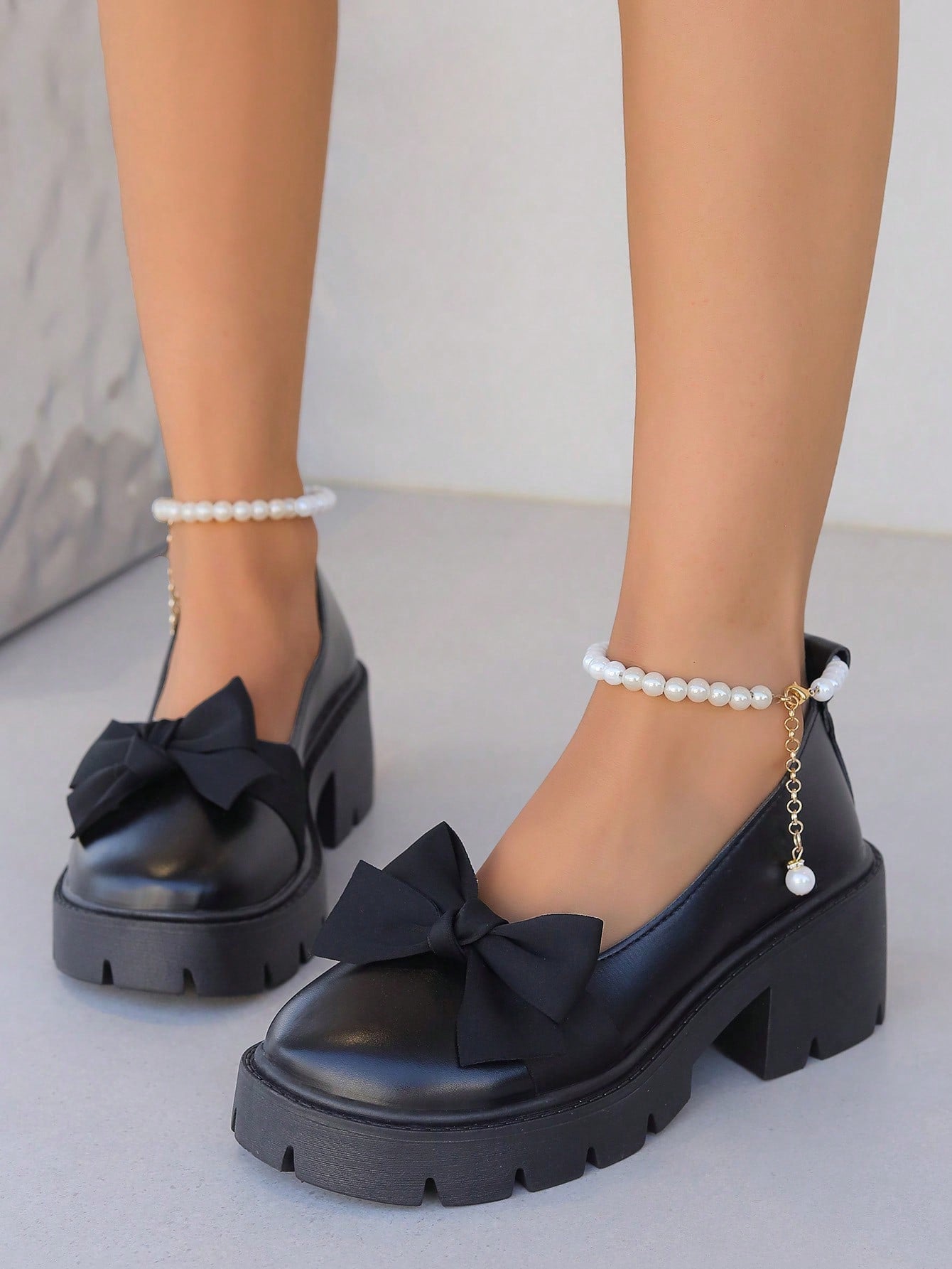 Girls' Thick-Soled Mary Jane Leather Shoes With Bow Knot And Faux Pearl Decorations For Sweet College Style, Spring New Arrival