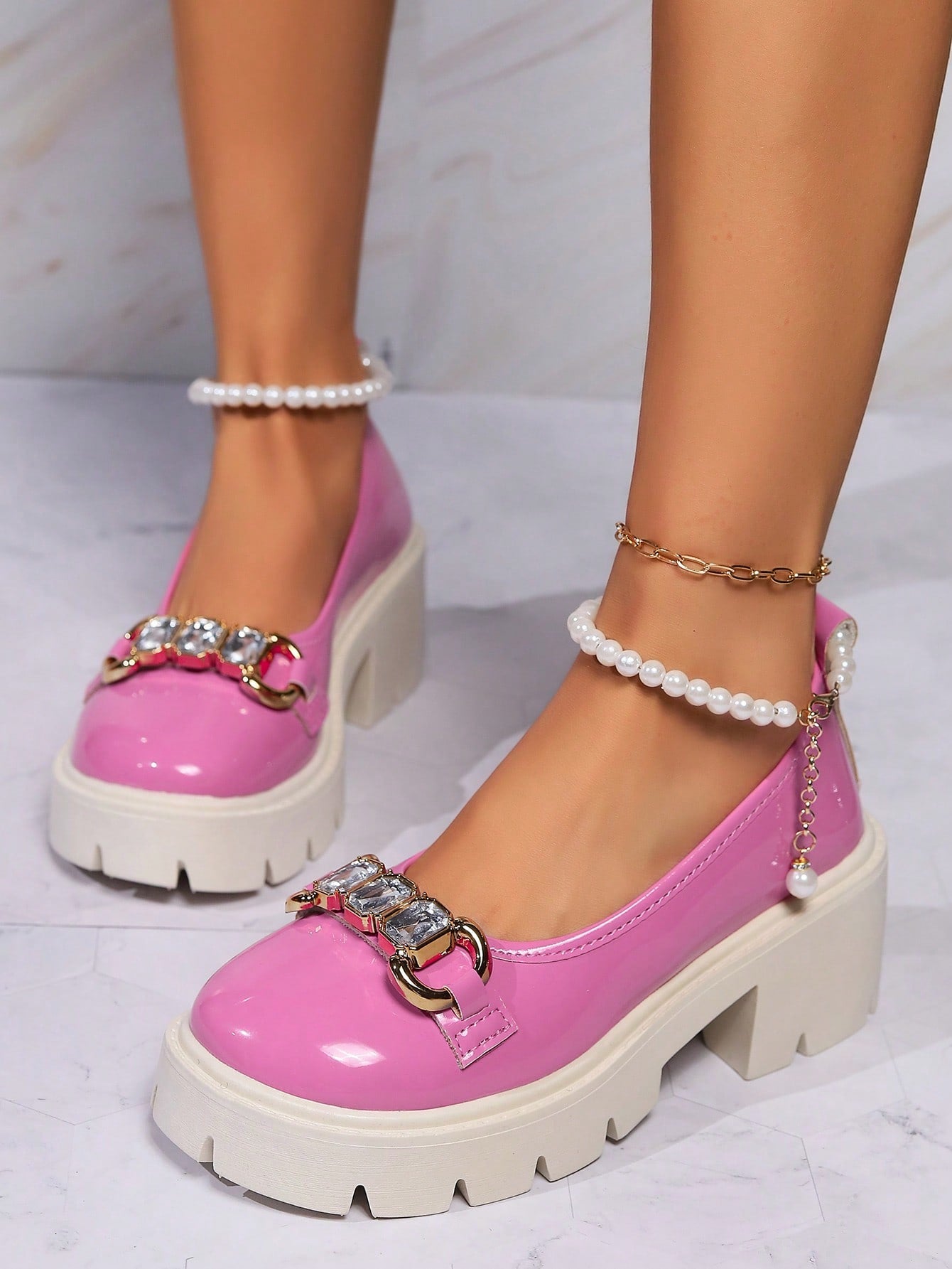 Girl Mary Jane Platform Shoes With Bowknot And Faux Pearl Decoration, Sweet College Style Loafers For Spring