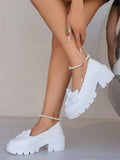 Girls' Thick-Soled Mary Jane Leather Shoes With Bow Knot And Faux Pearl Decorations For Sweet College Style, Spring New Arrival
