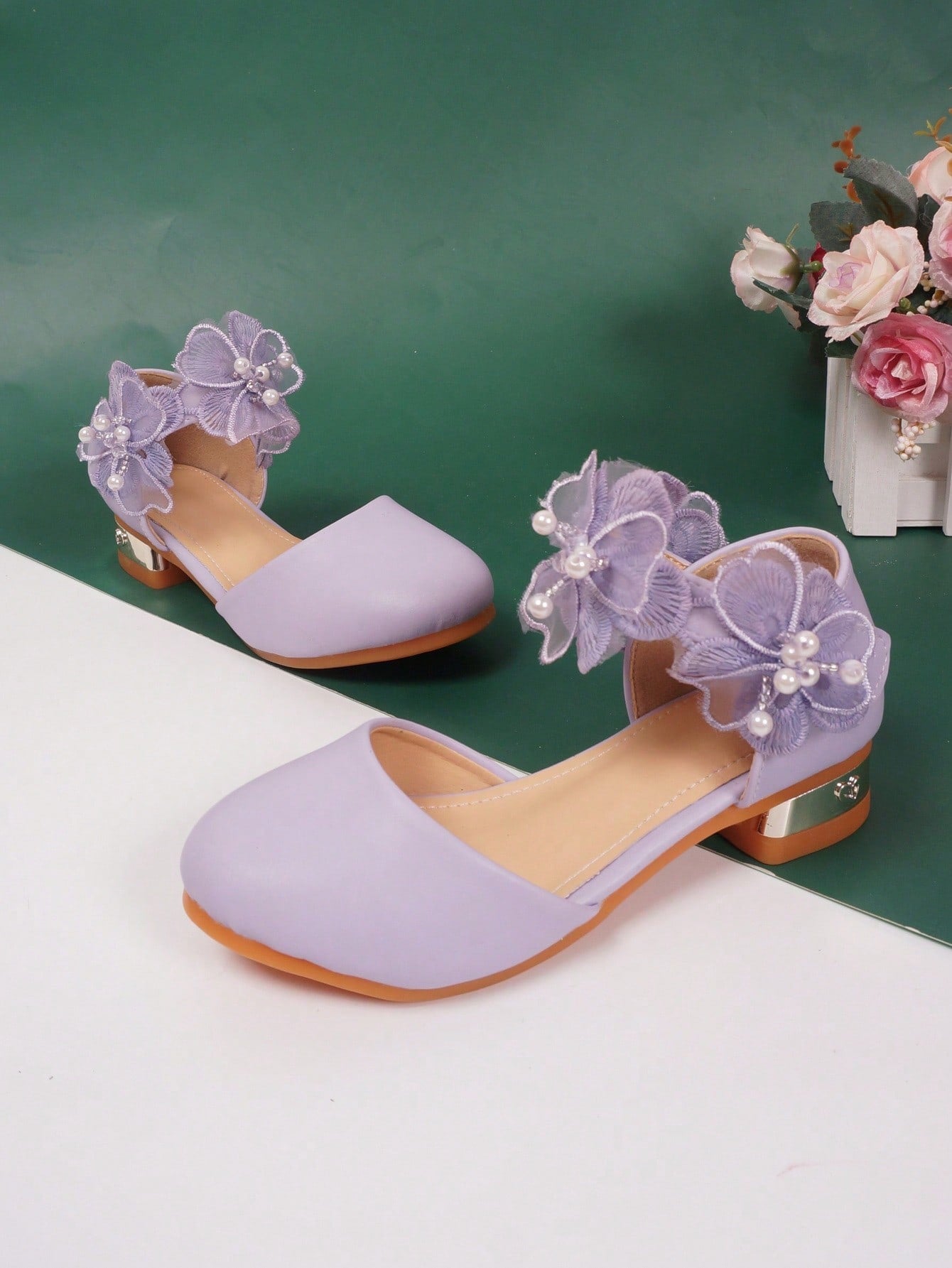 2024 Fashionable Purple Wave, Pearl, Bow Decor, Comfortable, High-Heeled, Casual And Wear-Resistant Shoes For Kids