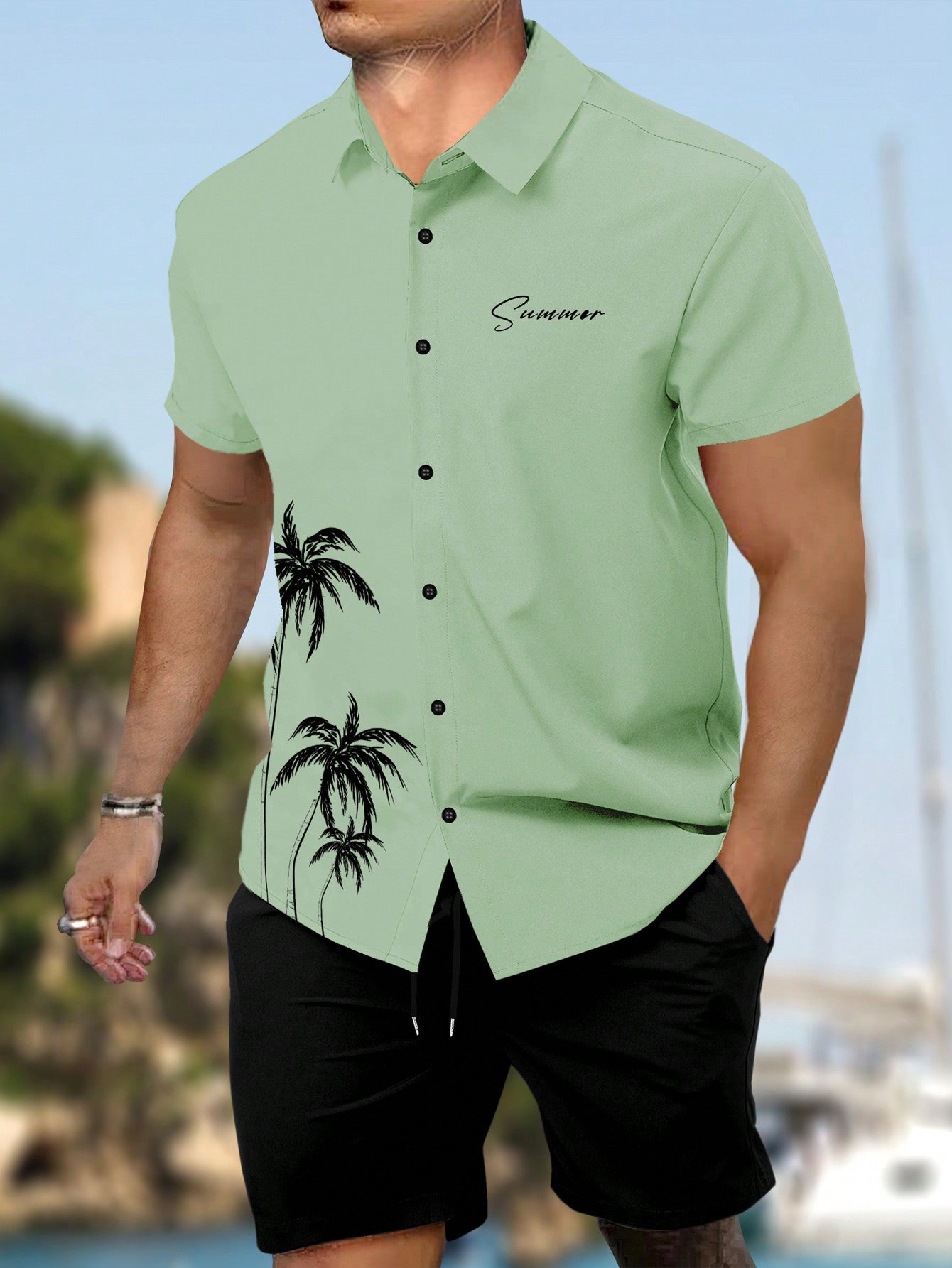 Men's Tropical Letter Print Shirt & Shorts Set