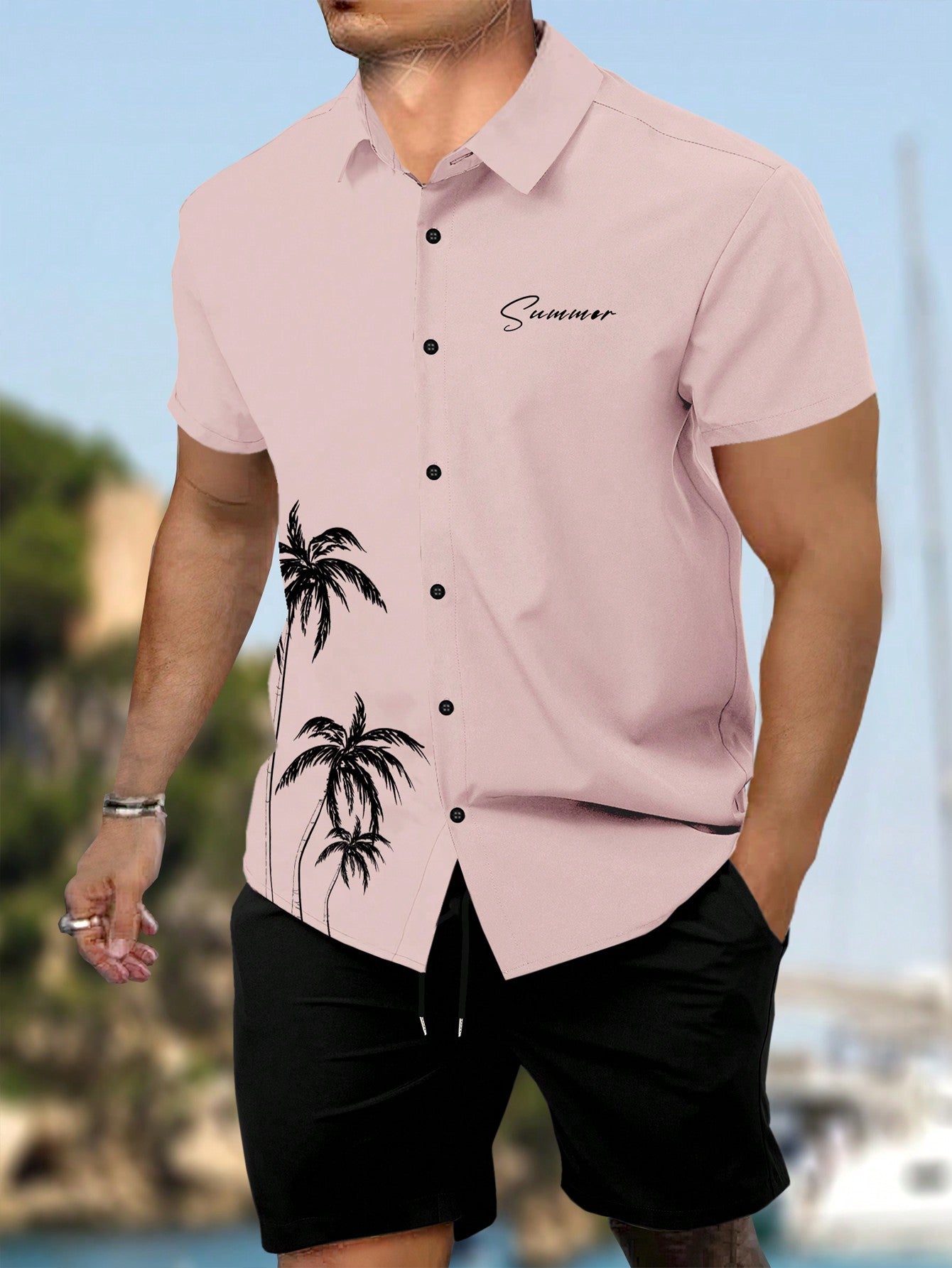 Men's Tropical Letter Print Shirt & Shorts Set