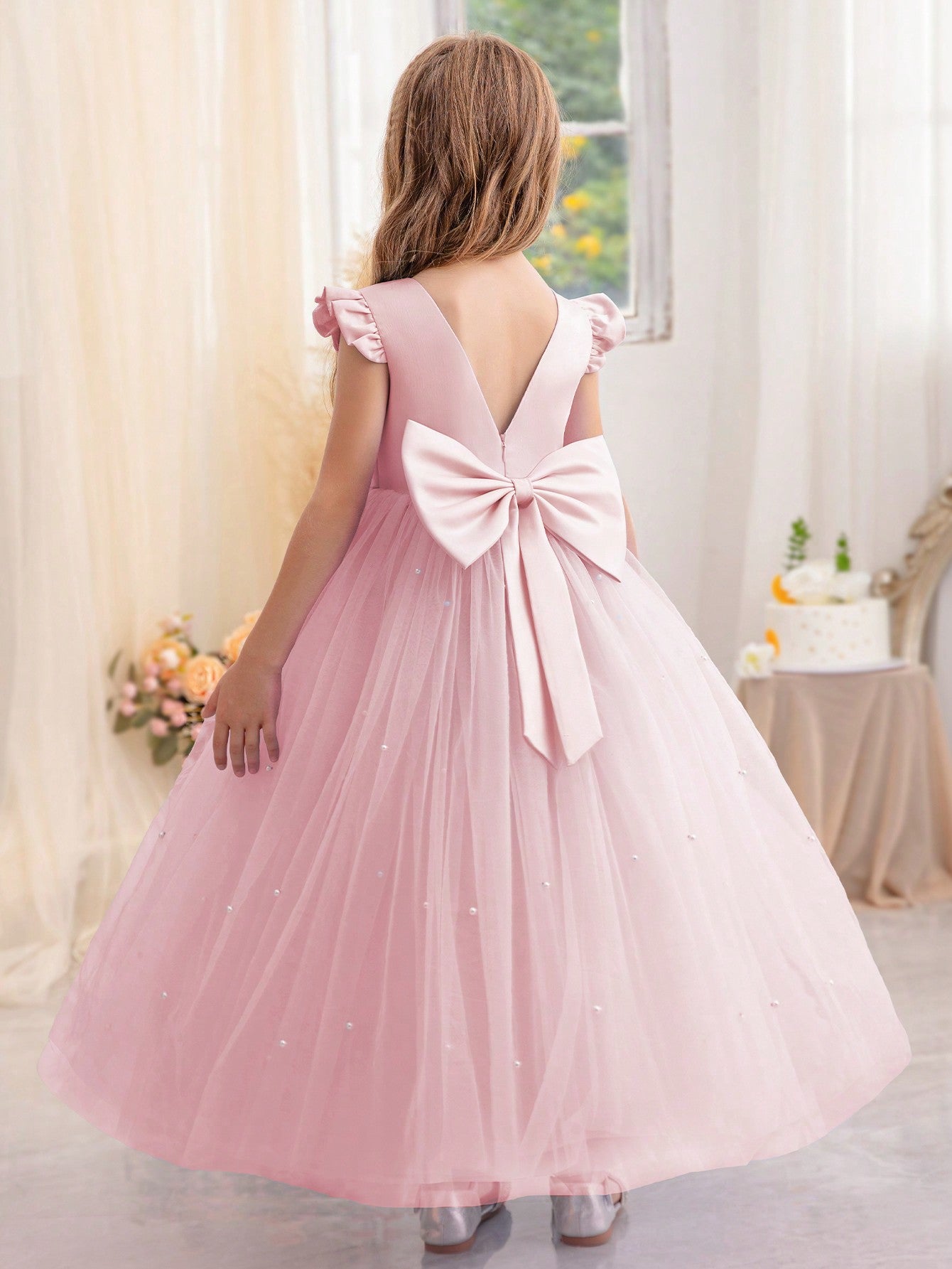 Tween Girl Ruffle Trimmed Bowknot Party Tulle Princess Dress Suitable For Birthday, Dancing Party, Flower Girl Wedding, School Performance, Casual Wear