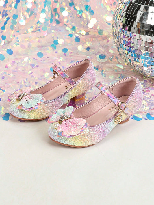 Girls' High Heel Shoes With Rainbow Colored Bow Knot Design