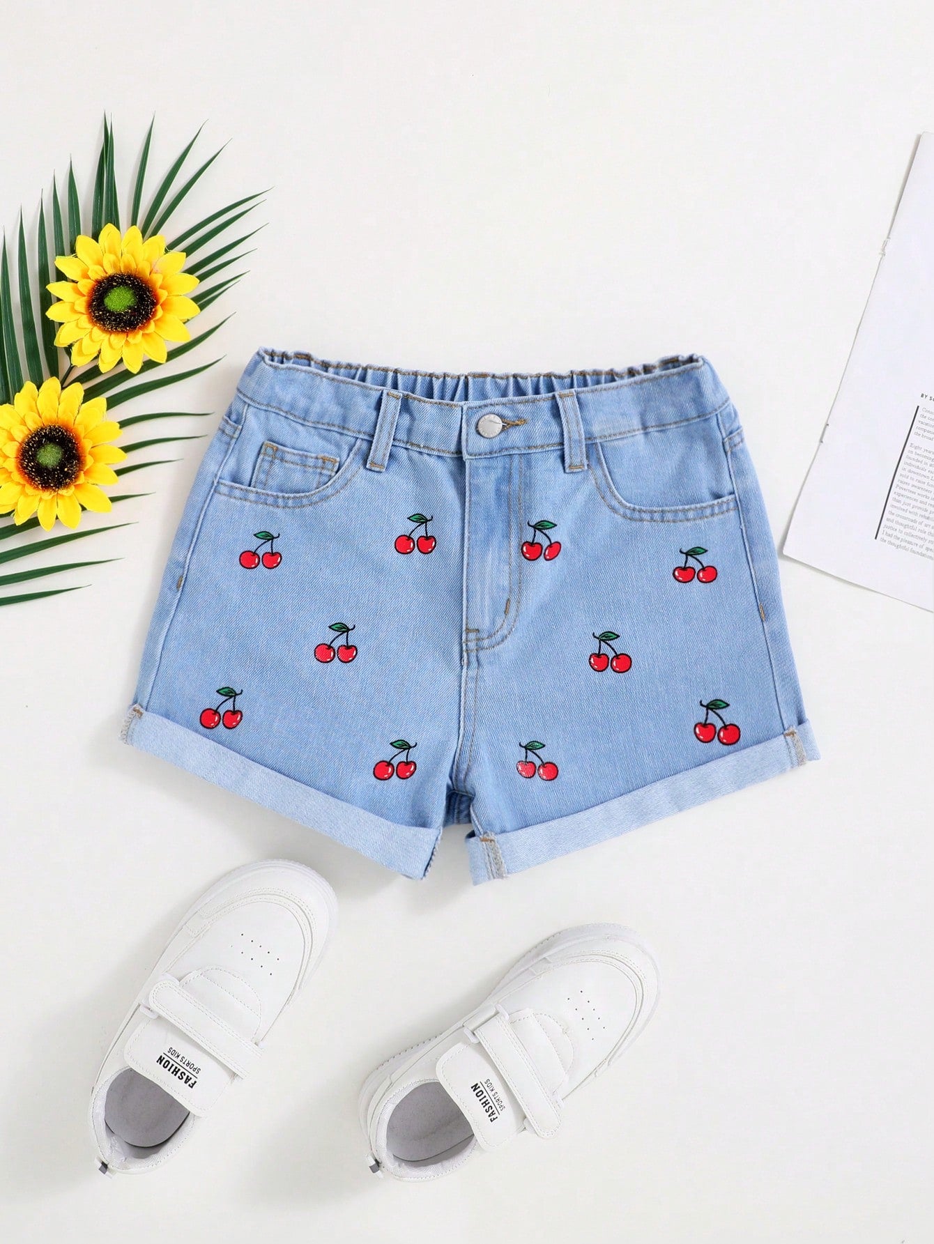 Tween Girl Spring Summer Boho Washed Casual Cute Cherry Print Denim Jeans Shorts,Girls Spring Summer Clothes Outfits