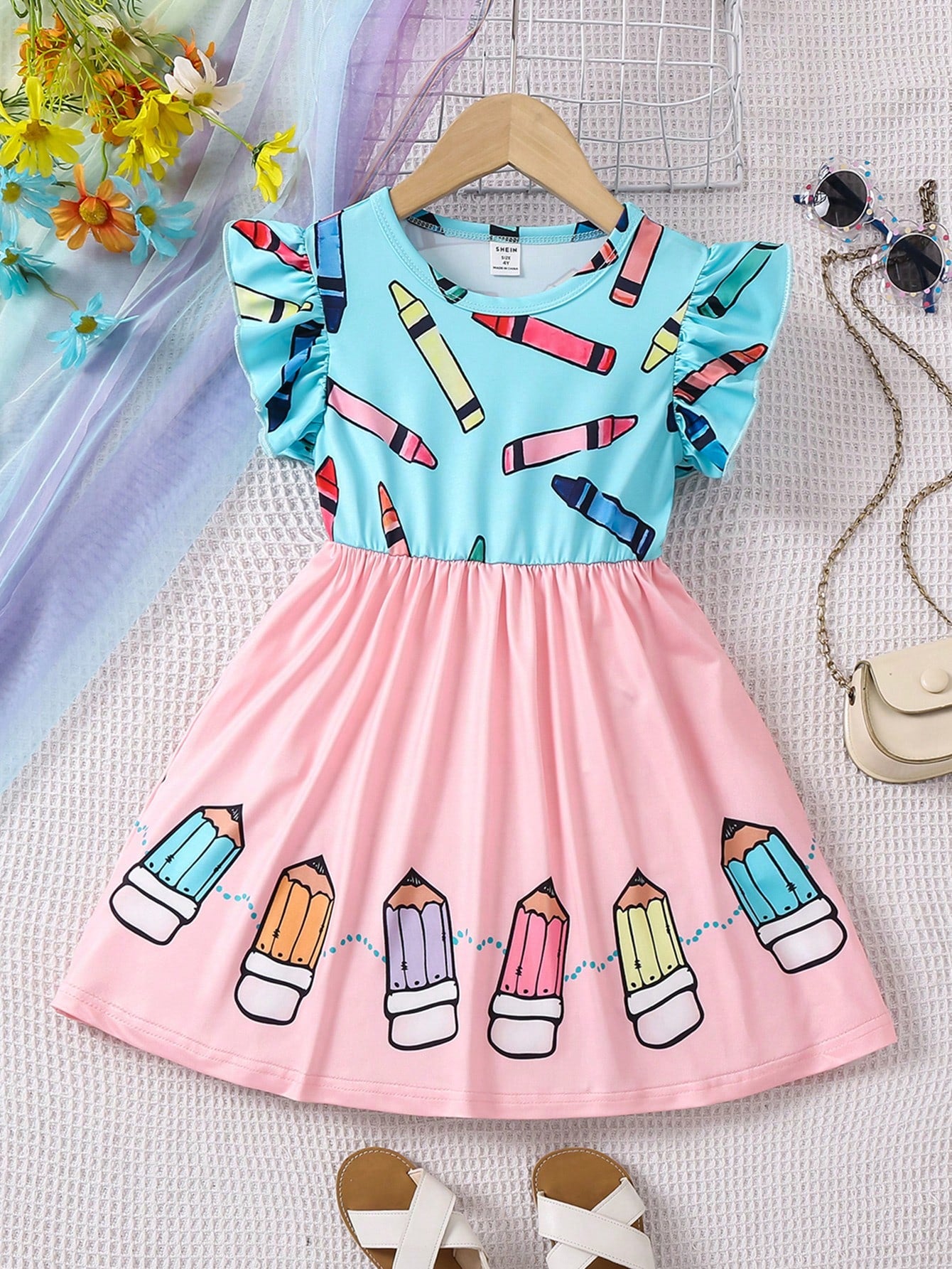 Young Girl Short Sleeve Printed Pencil Dress With Color Block Splicing Detail