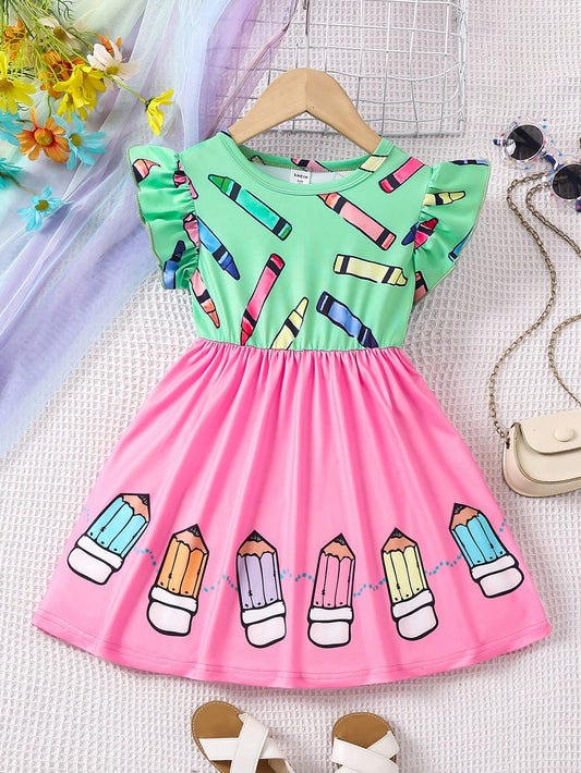 Young Girl Short Sleeve Printed Pencil Dress With Color Block Splicing Detail