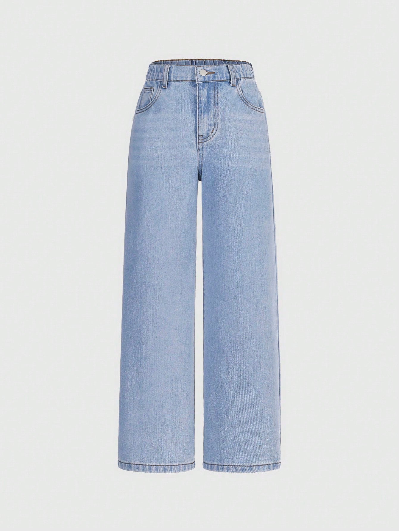 Tween Girl Casual And Versatile Light Blue Washed Denim Pants With Elastic Waistband, Casual Straight-Cut