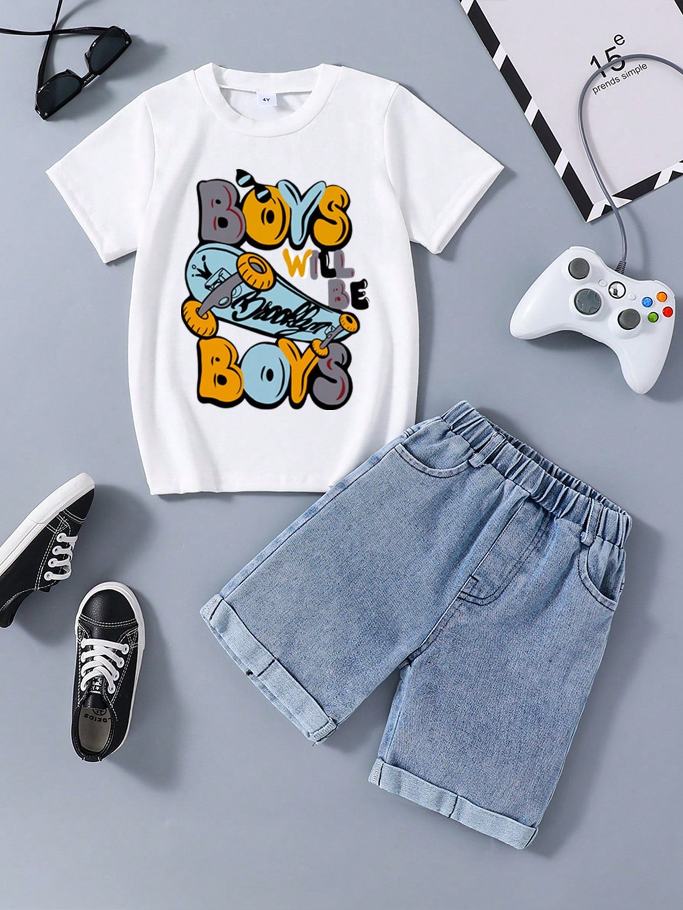 Young Boy Cartoon Skateboard & Letter Print Short Sleeve Tee And Denim Shorts