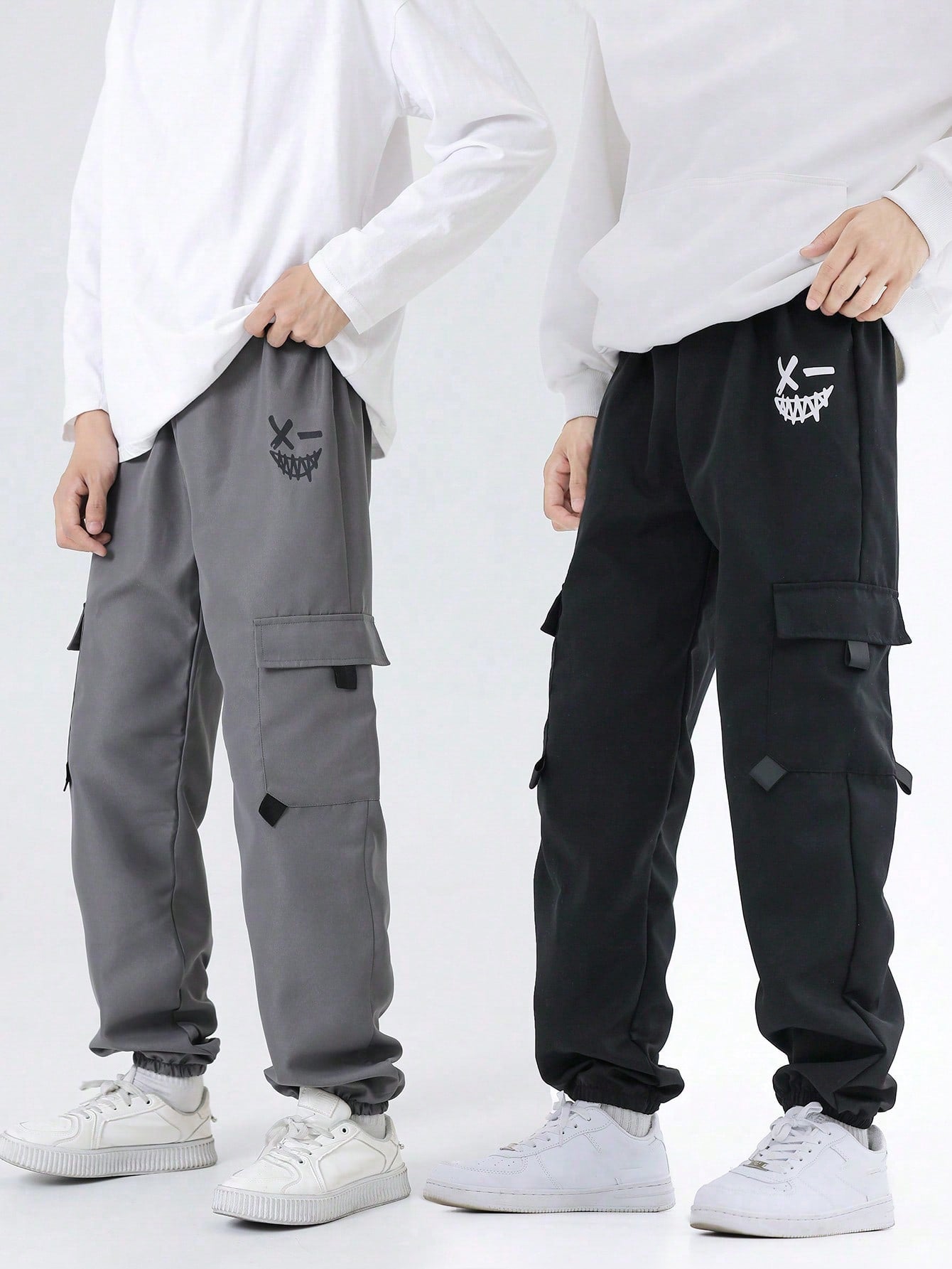 2pcs/set Tween Boys' Face Print Cargo Pants