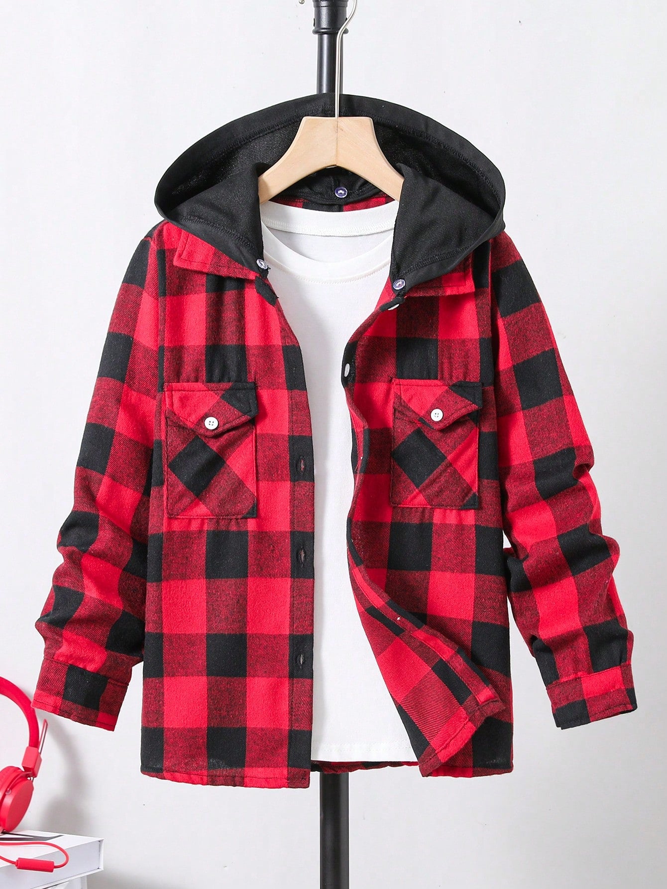 Tween Boy 1pc Buffalo Plaid Print Flap Pocket Hooded Shirt