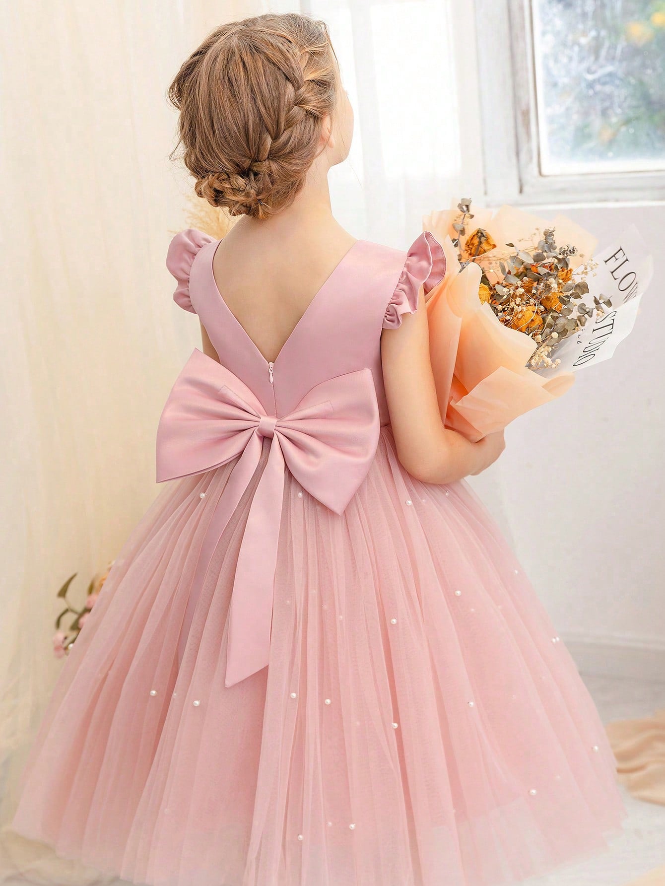 Young Girl Flutter Sleeve Tulle Formal Dress, Suitable For Birthday Party, Dance Party, Casual, Daily Wear, Musical Performance, And Stage Costume