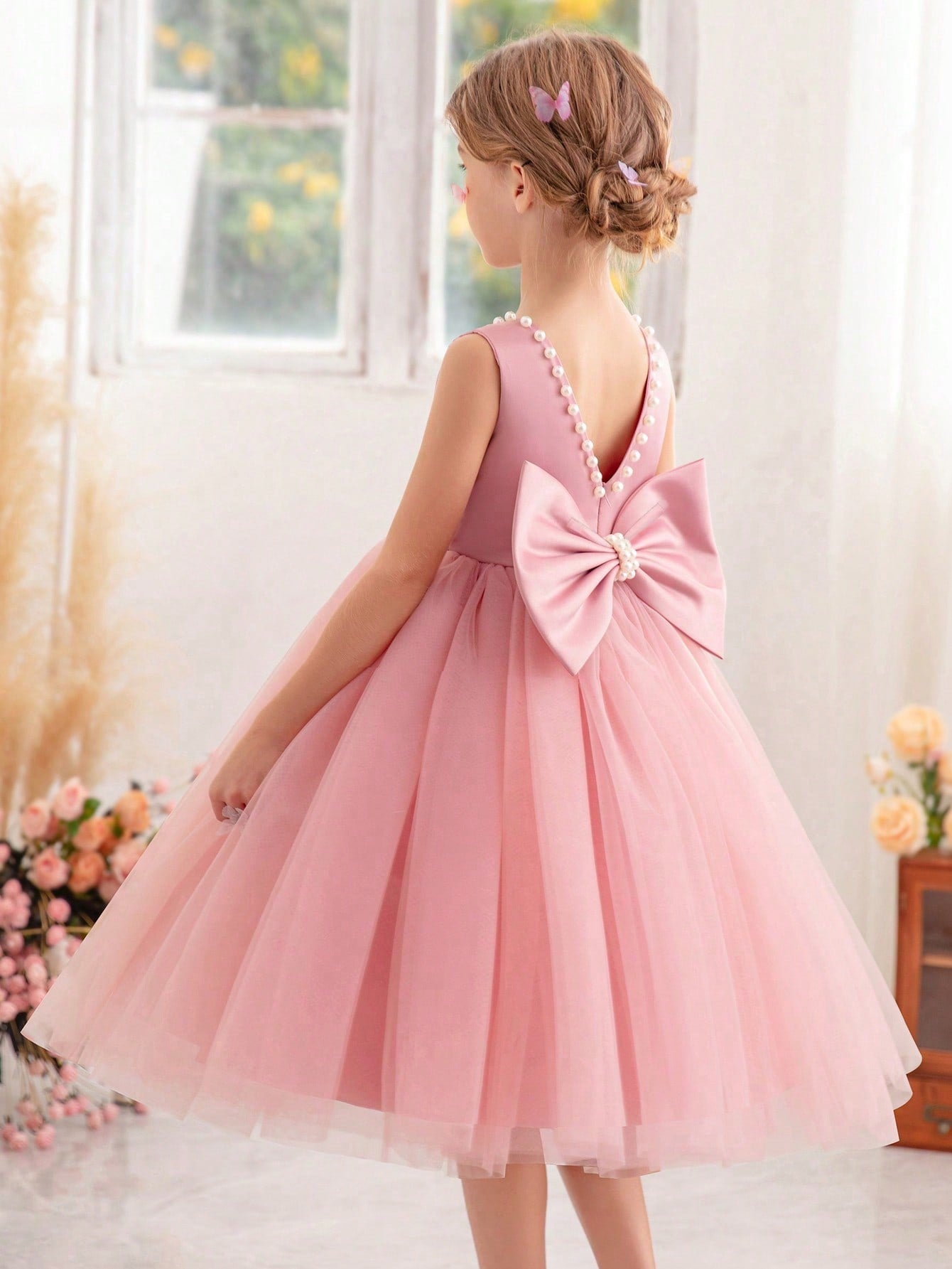 Young Girl Pearl Bowknot Decorated Mesh Patchwork Dress Suitable For Birthday Parties, Dance Parties, Festivals, Daily Wear, Ceremonies, Flower Girls, Weddings And Stage Performances