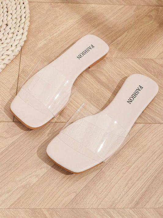 Women Cross-Border New Wide Transparent Band Simple Square Toe Comfortable Flat Slippers Suitable For Spring And Summer