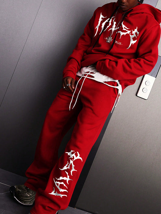 Men's Letter Printed Drawstring Hooded Sweatshirt And Sweatpants Set