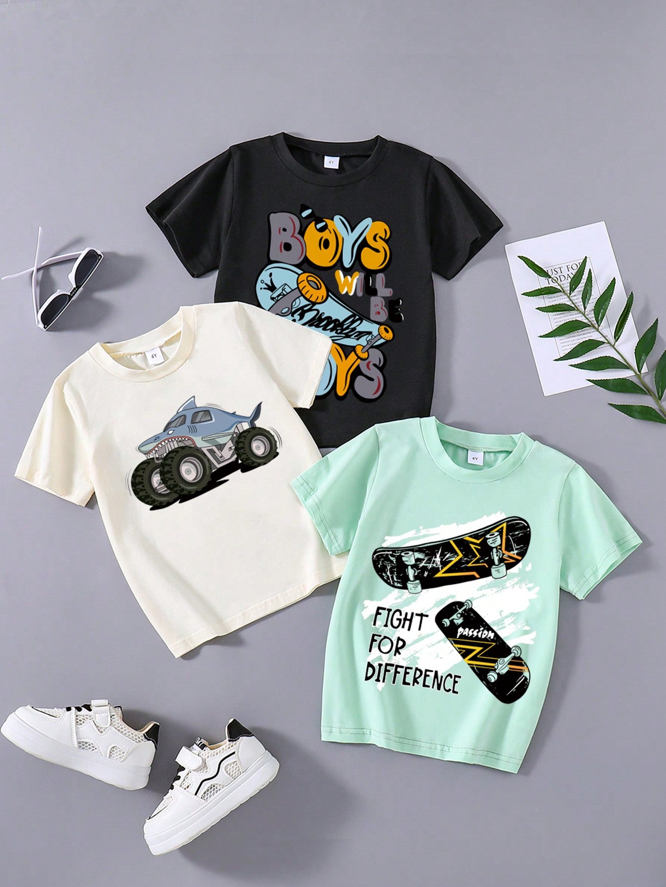 3pcs Young Boy Cartoon Car & Skateboard Printed Short Sleeve T-Shirts