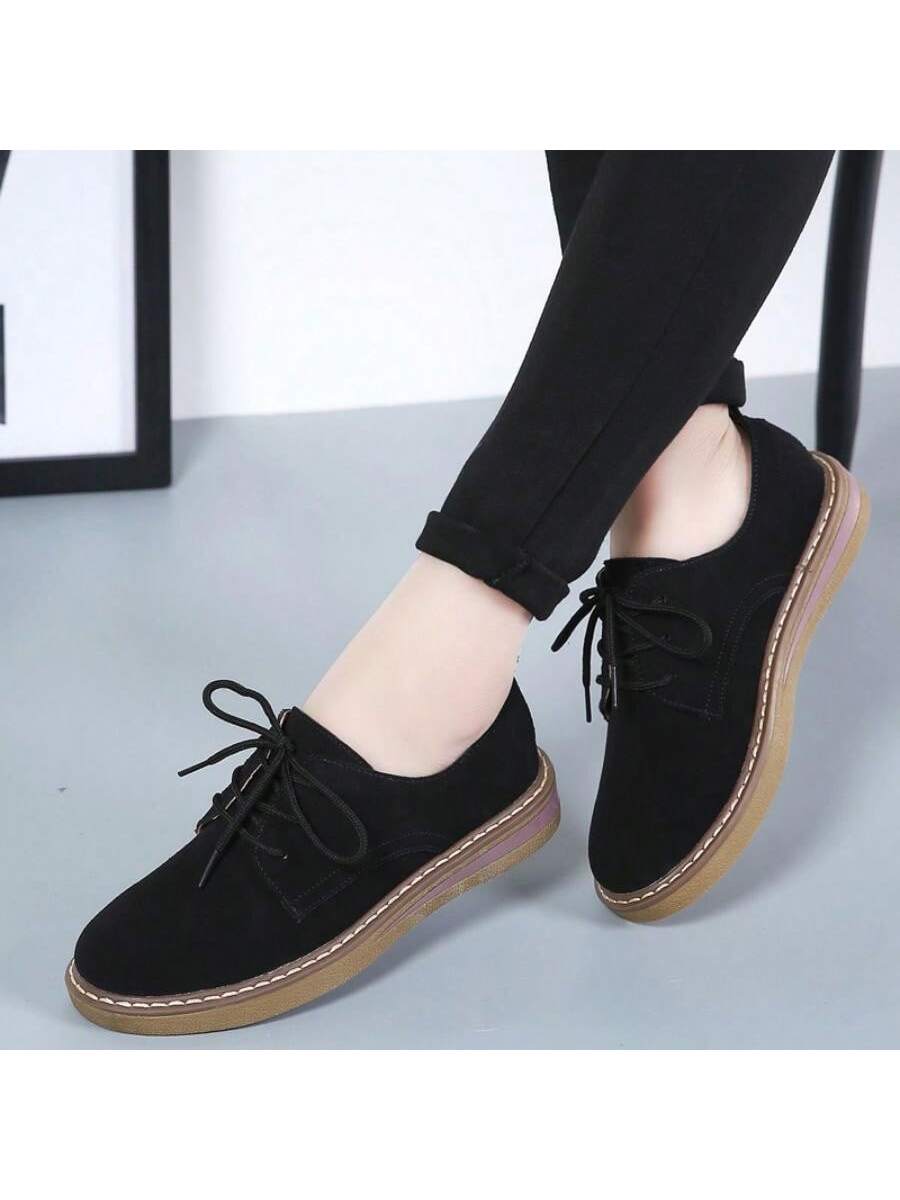 Women's Flat Loafers, Solid Color Lace-Up Low-Cut School Shoes, Comfortable College Style Shoes