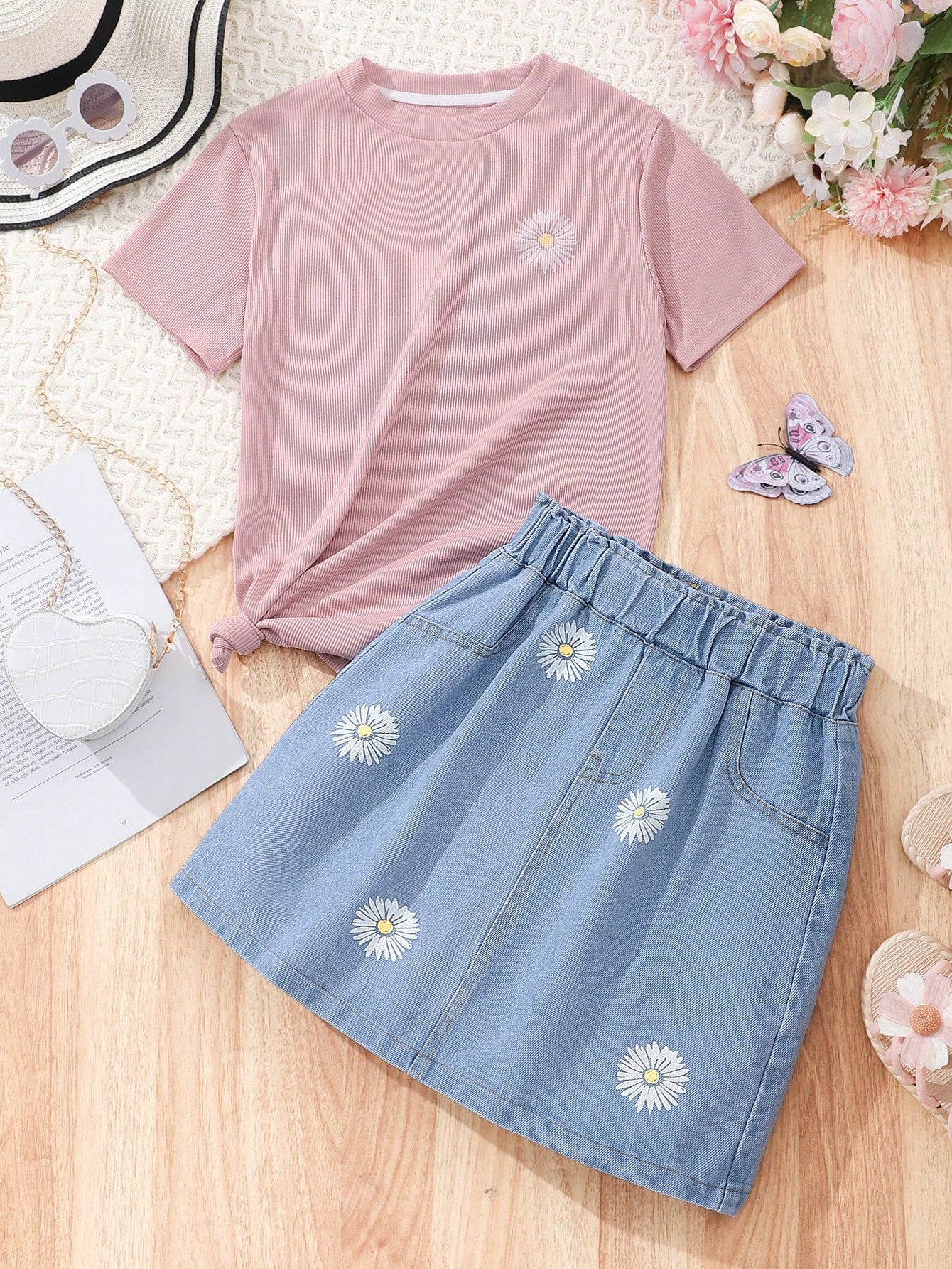 Tween Girl Daisy Printed T-Shirt & Denim Skirt 2pcs/Set