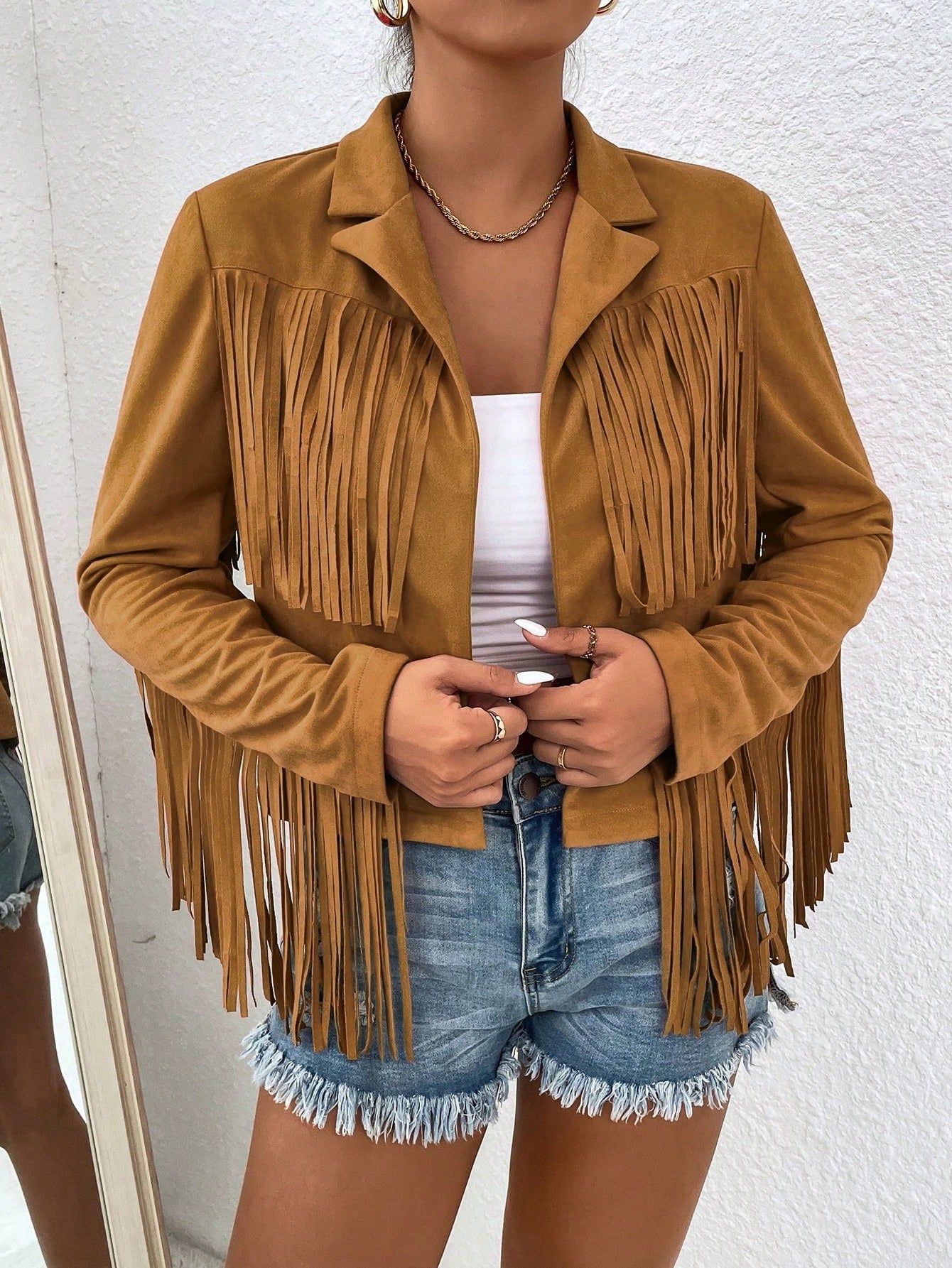 Women's Solid Color Simple Everyday Fringe Decor Lapel Long Sleeve Jacket