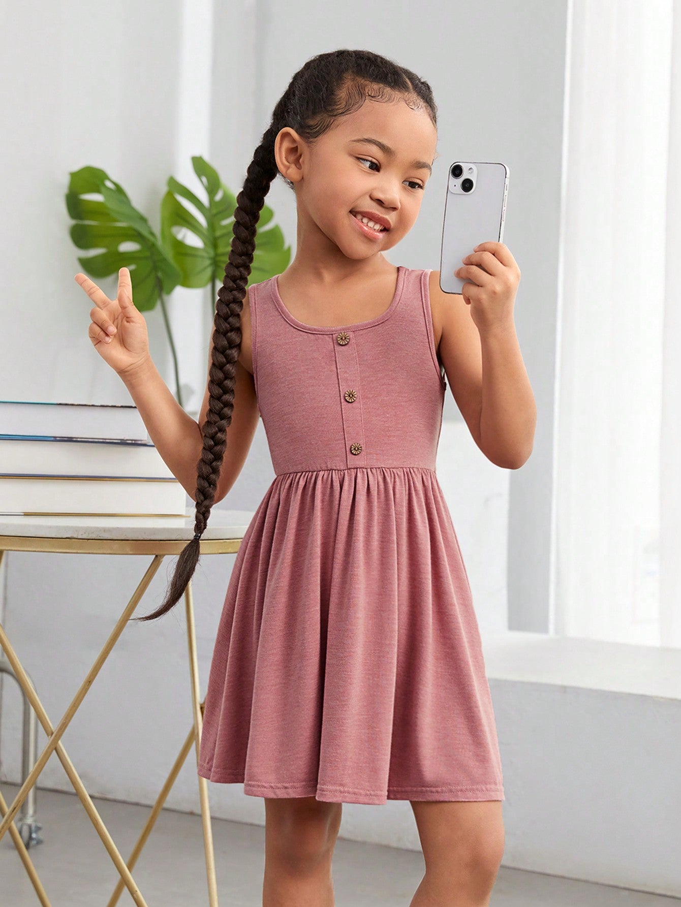 Young Girl Daily Outfit Sweet Solid Knit Sleeveless Dress For Spring And Summer