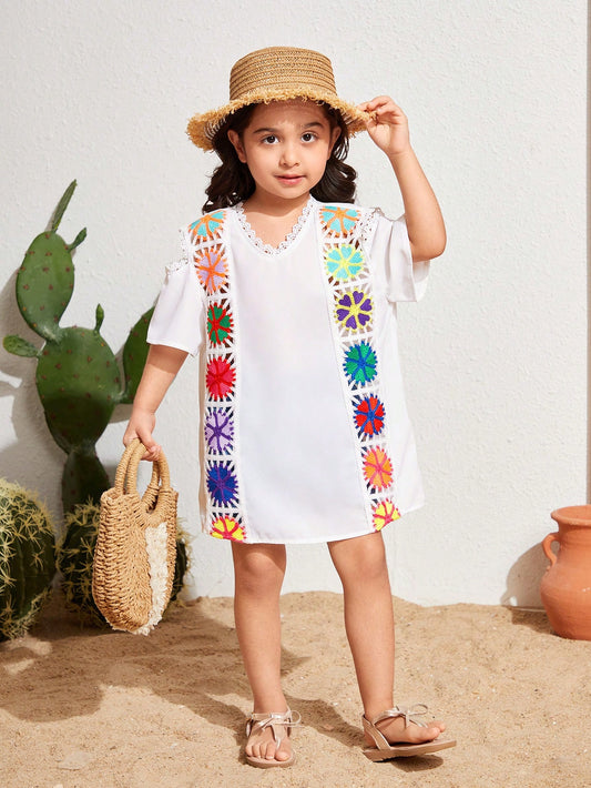 Young Girl's Bohemian Style Woven Flower Tape V-Neck Short Sleeve Cover Up For Music Festival,Summer Beach Swimming