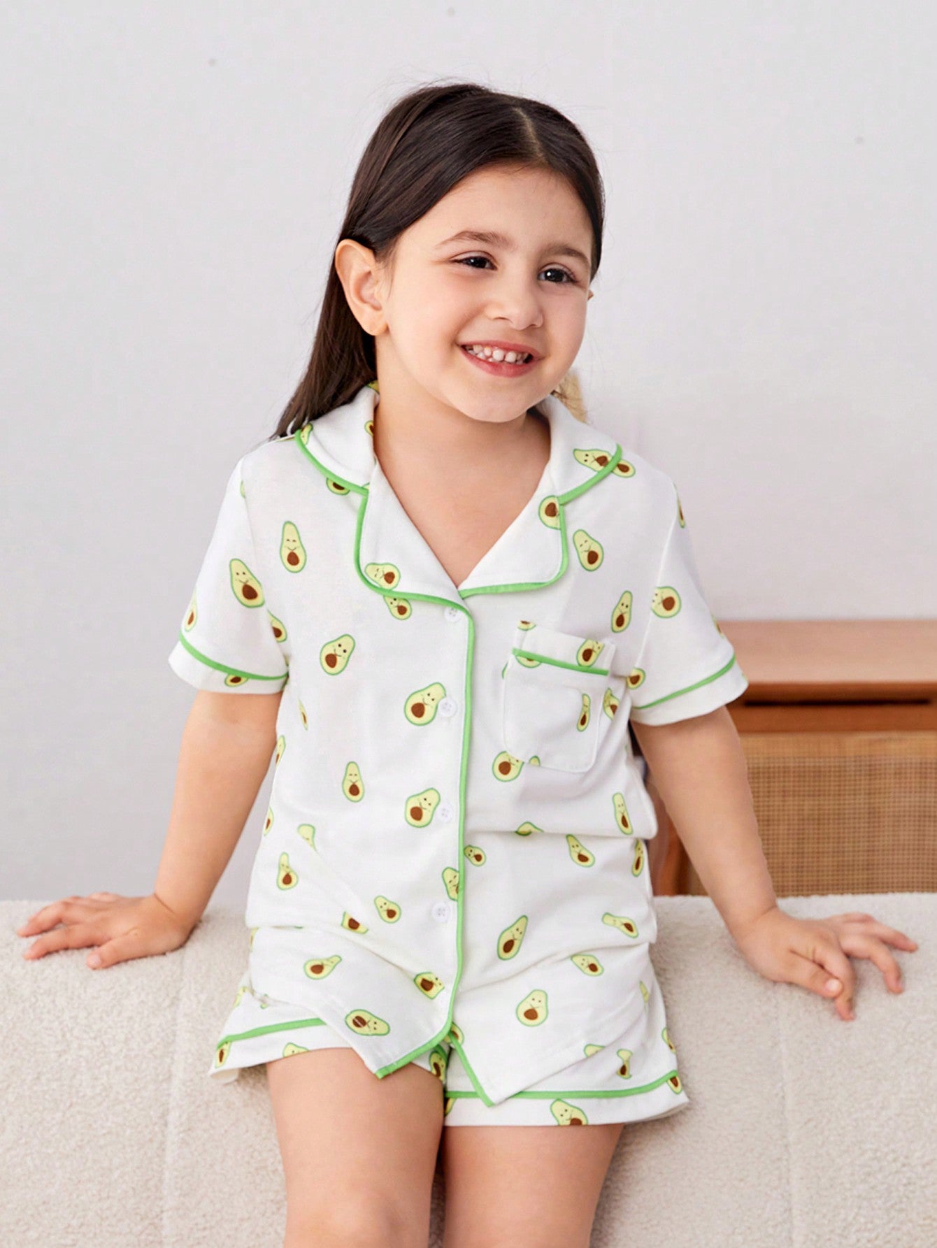 Young Girl Knit Avocado Print Short Sleeve Top And Short Pajama Set, Casual And Comfortable For Home