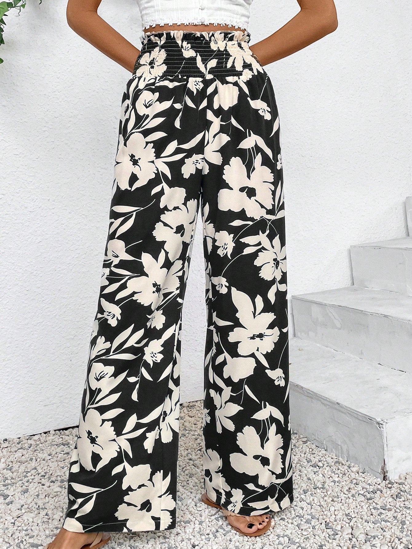 Floral Printed Elastic Waist Wide Leg Pants