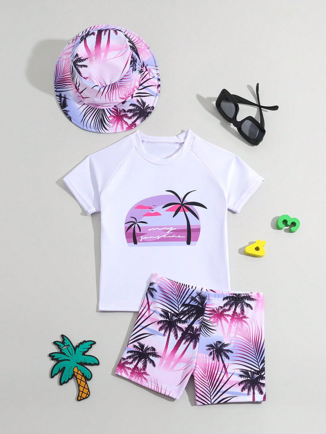 Young Boy 2pcs/Set Locational Print Short Sleeve Round Neck Top With Shorts, Summer Swimming Suit