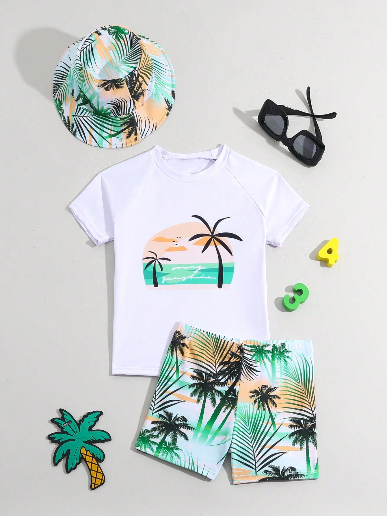 Young Boy 2pcs/Set Locational Print Short Sleeve Round Neck Top With Shorts, Summer Swimming Suit