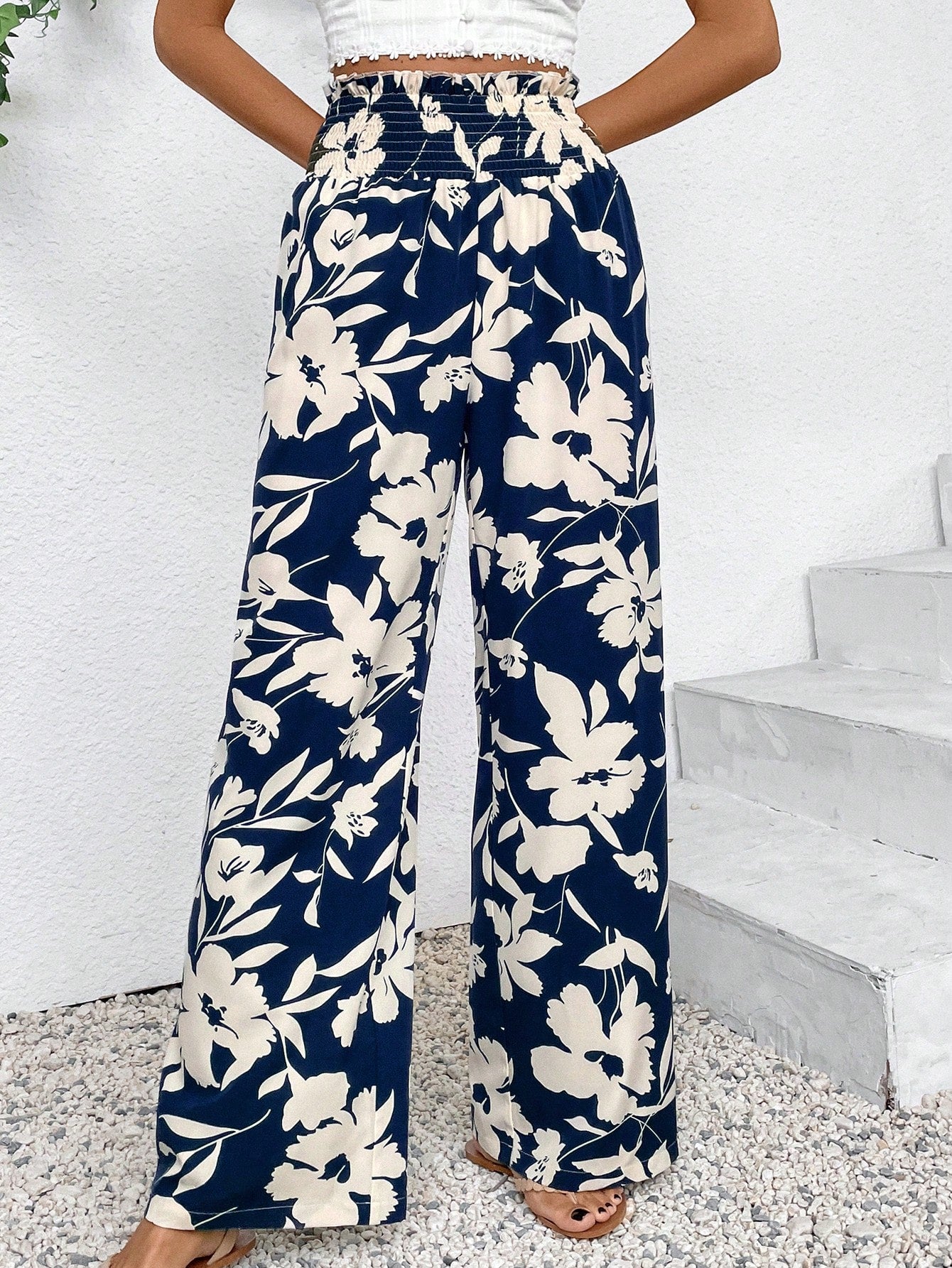 Floral Printed Elastic Waist Wide Leg Pants