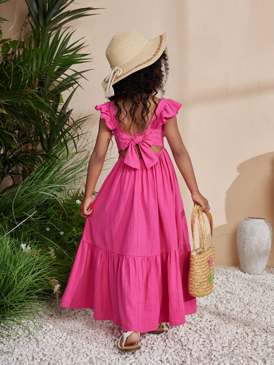 Young Girl Choco Color Sleeveless Maxi Dress With Woven Fabric And Square Neckline For Music Festival