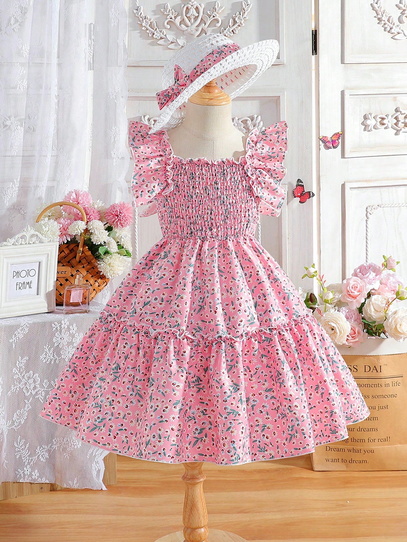 Young Girl Mexican Children's Day Sleeveless Colorful Dopamine Pink Allover Print Midi Dress, Summer