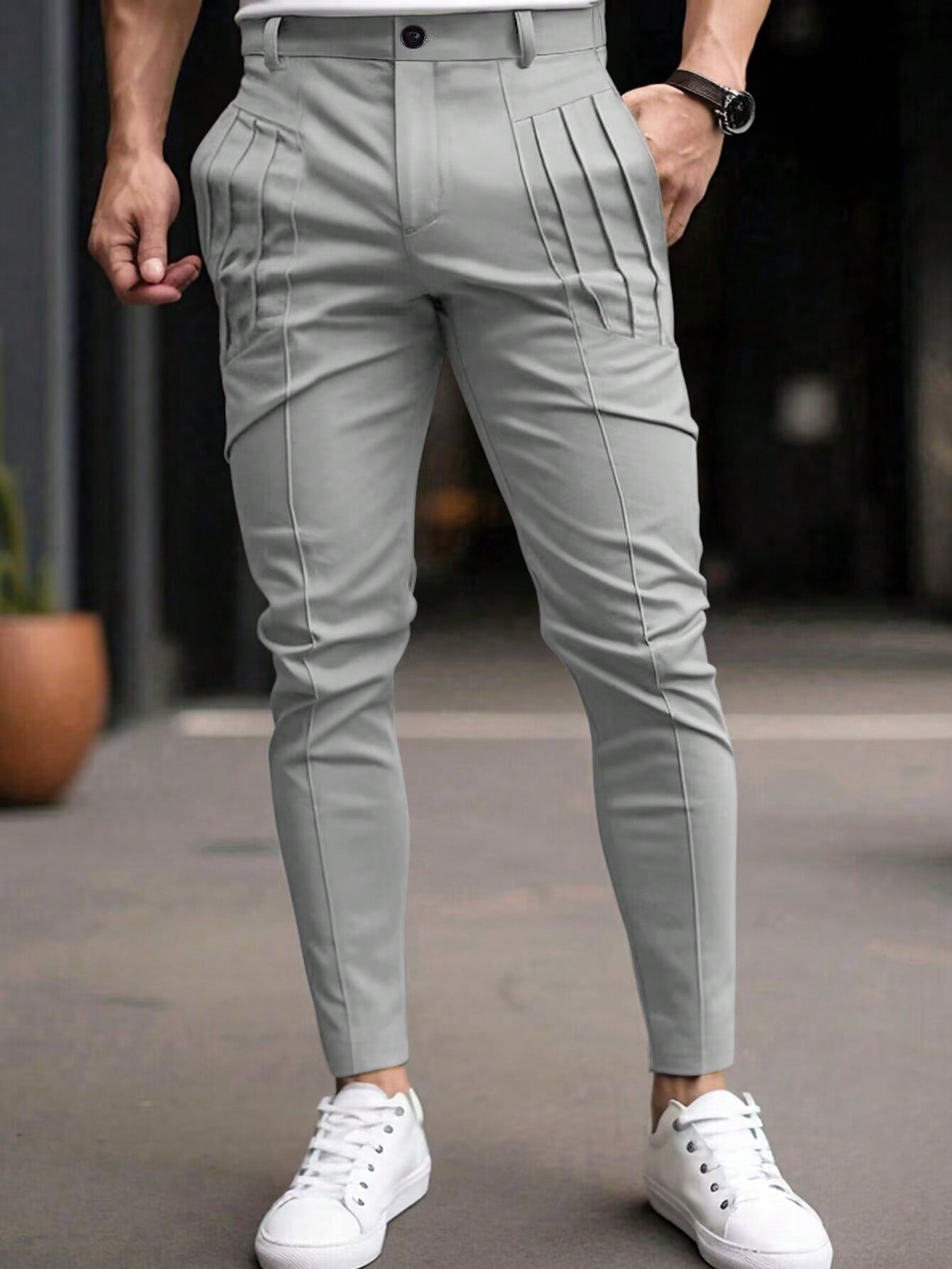 Men Solid Color Casual Suit Trousers With Pockets