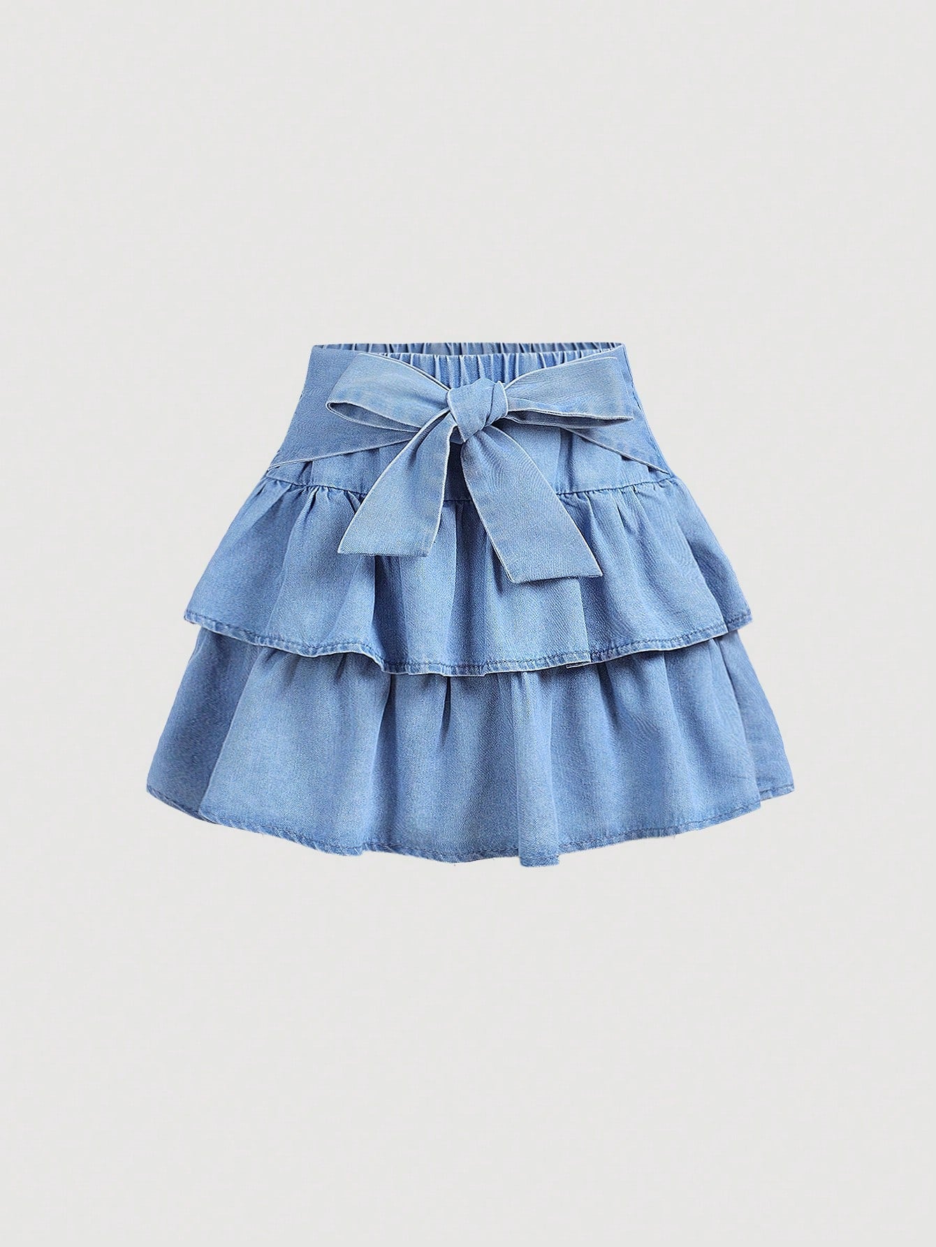 Teen Girl Spring/Summer Cute Bow Decorated Denim Skirt With Ruffled Hem