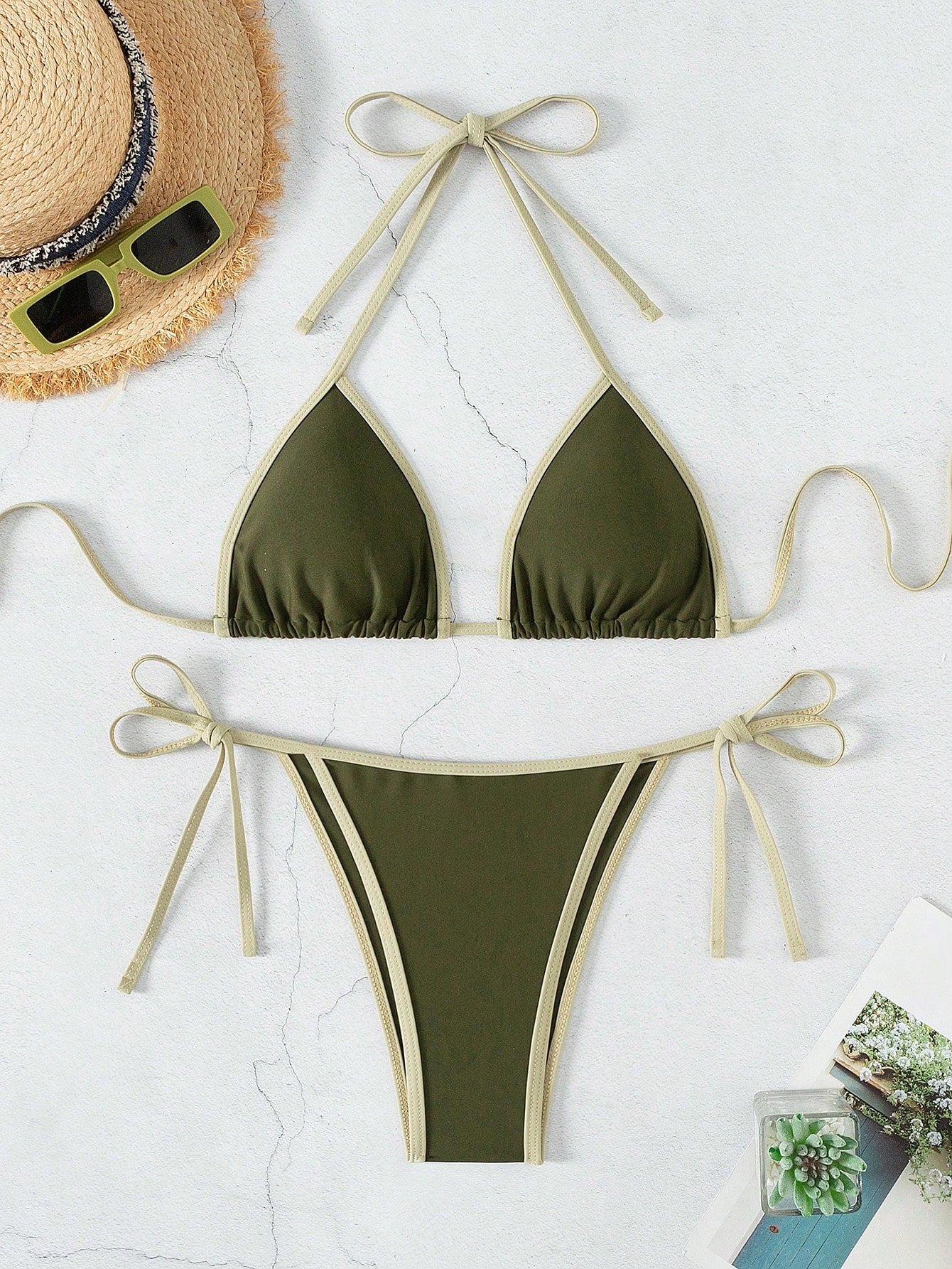 Swim Ladies Contrast Color Halter Strap Simple And Fashionable Bikini Separates Swimming Suit For Vacation, Summer Beach