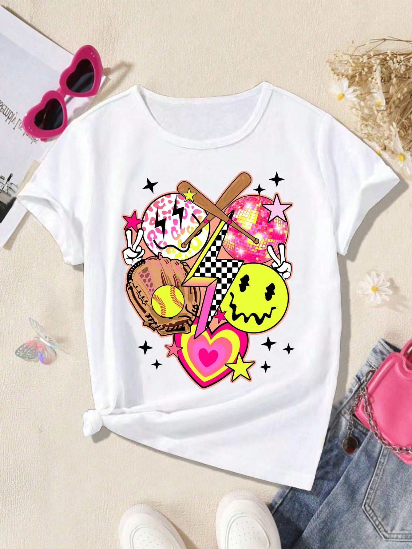 Tween Girl Music Festival Party Face Baseball, Light Bulb Print Y2k Heart Swag Cool T-Shirt