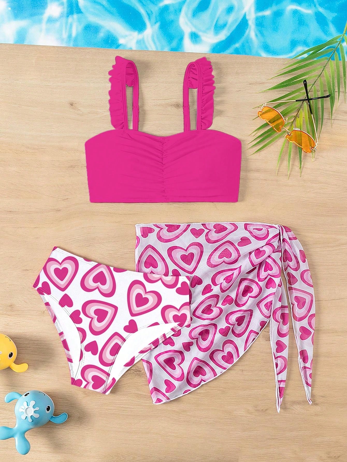 Young Girl Heart Flower Patterned Bikini Set 3-Piece Set, Fashionable Vacation Beachwear, Mommy And Me Matching Outfits (3 Sets Sold Separately) Summer Beach