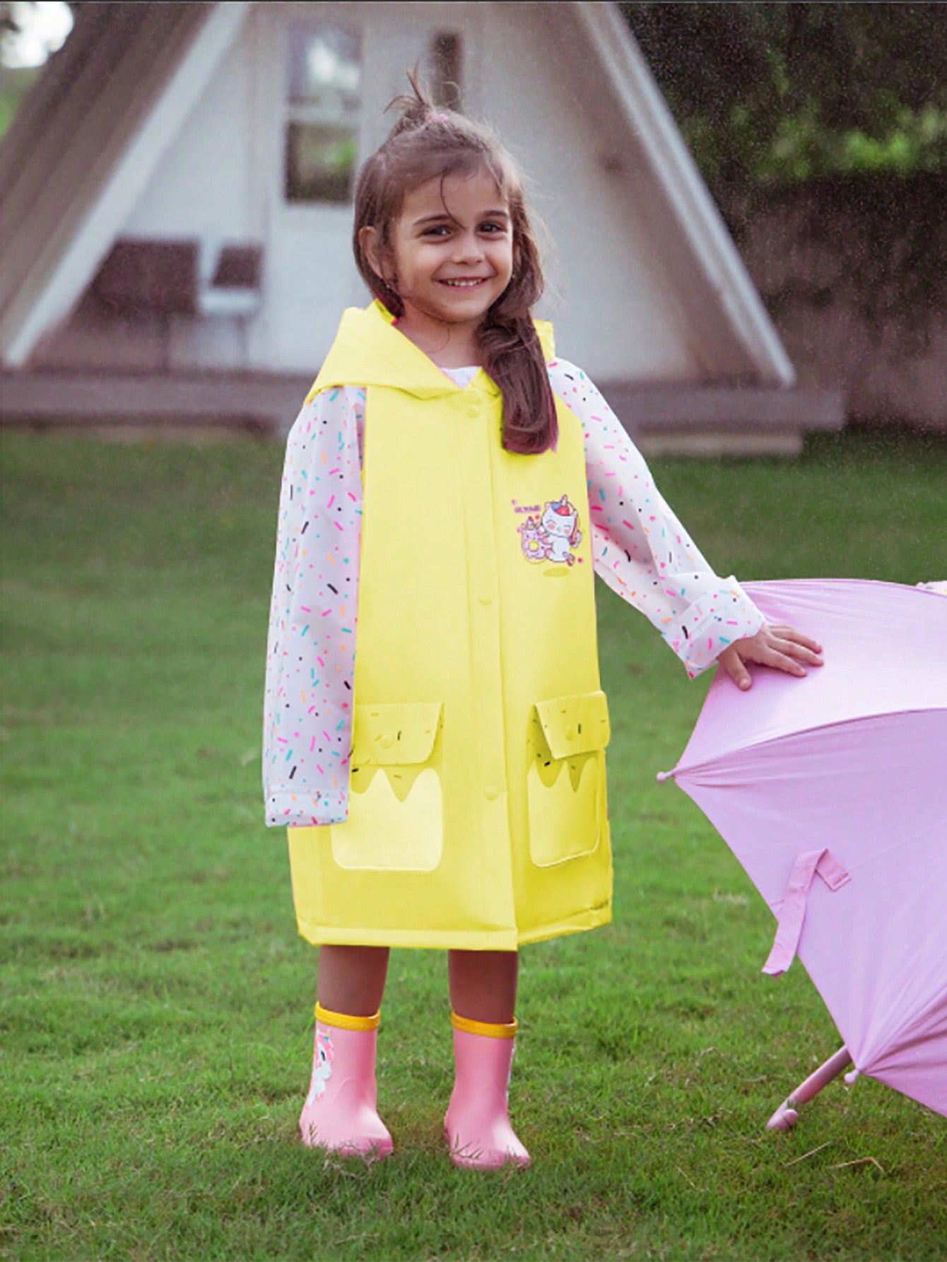 Girls' Lovely Pink Unicorn & Donut Printed Raincoat With Seasonal Compatibility