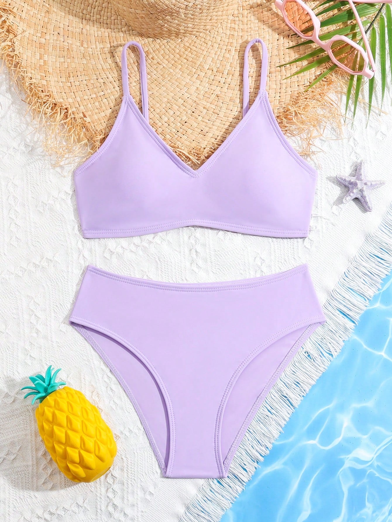 Tween Girl Holiday Solid Color Two-Piece Bikini Set Summer Beach