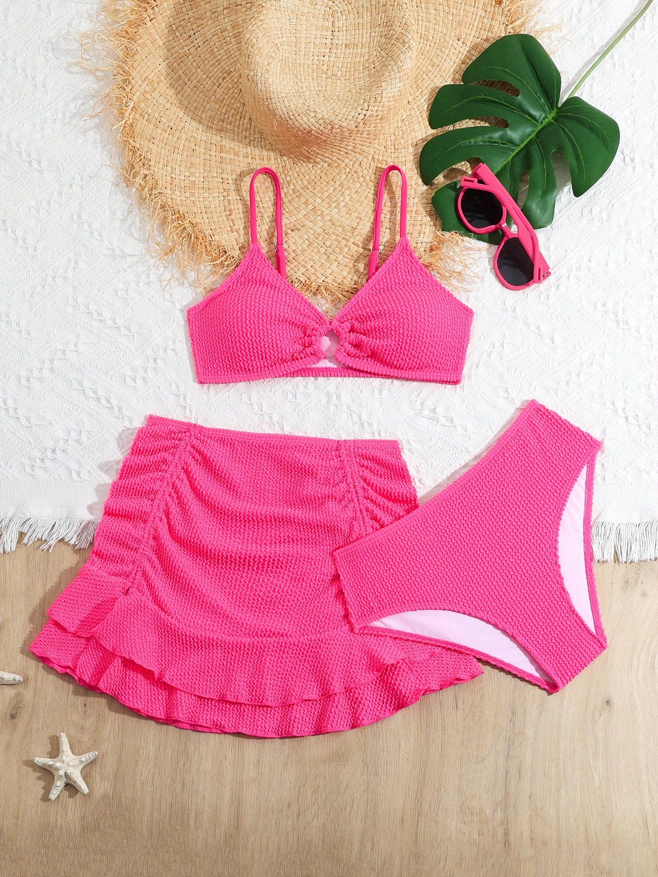 Teen Girls 3pcs Plain Bikini Set With Ruffle Hem Beach Skirt Summer Beach