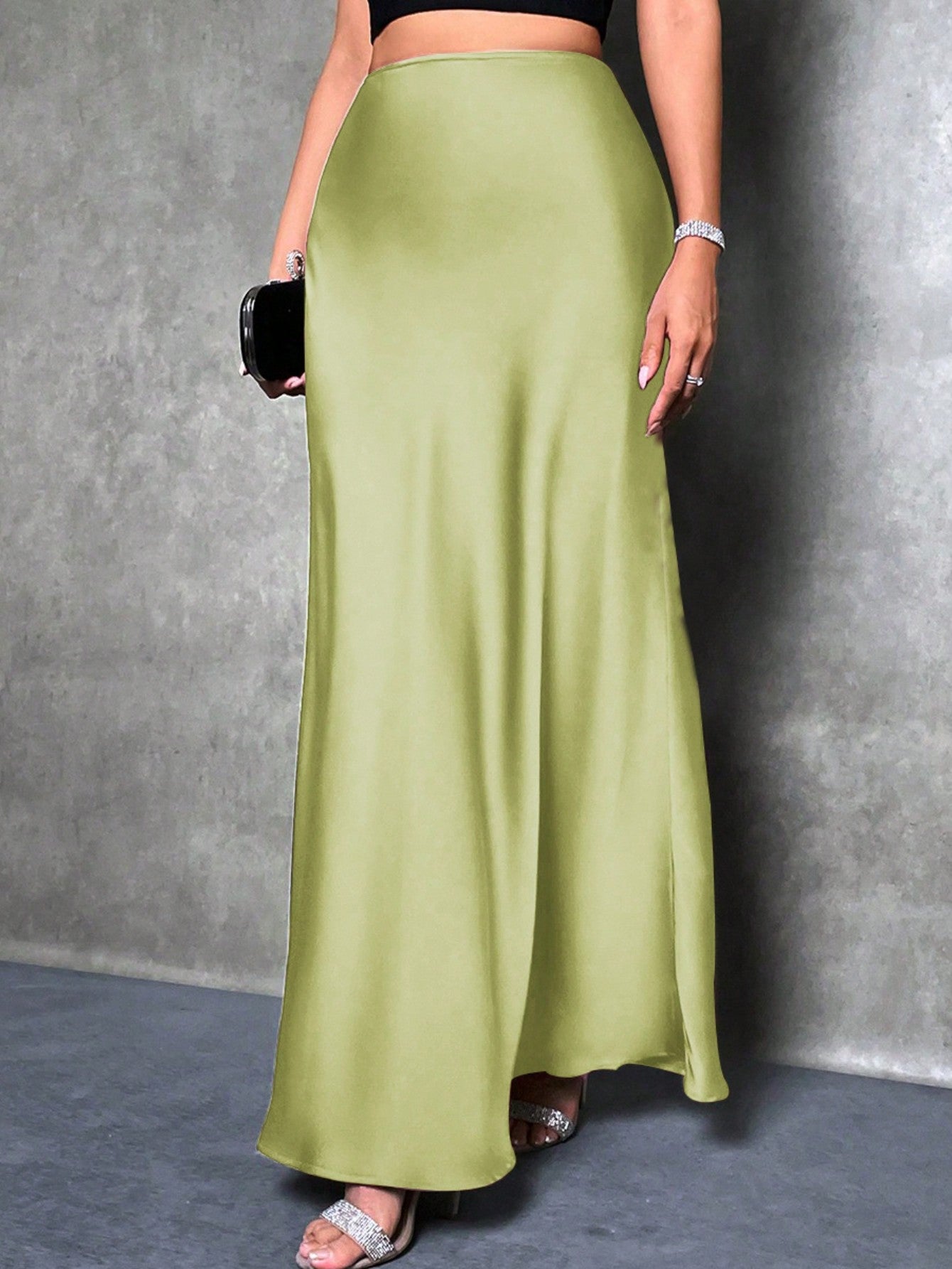 High Waist Solid Maxi Satin Skirt