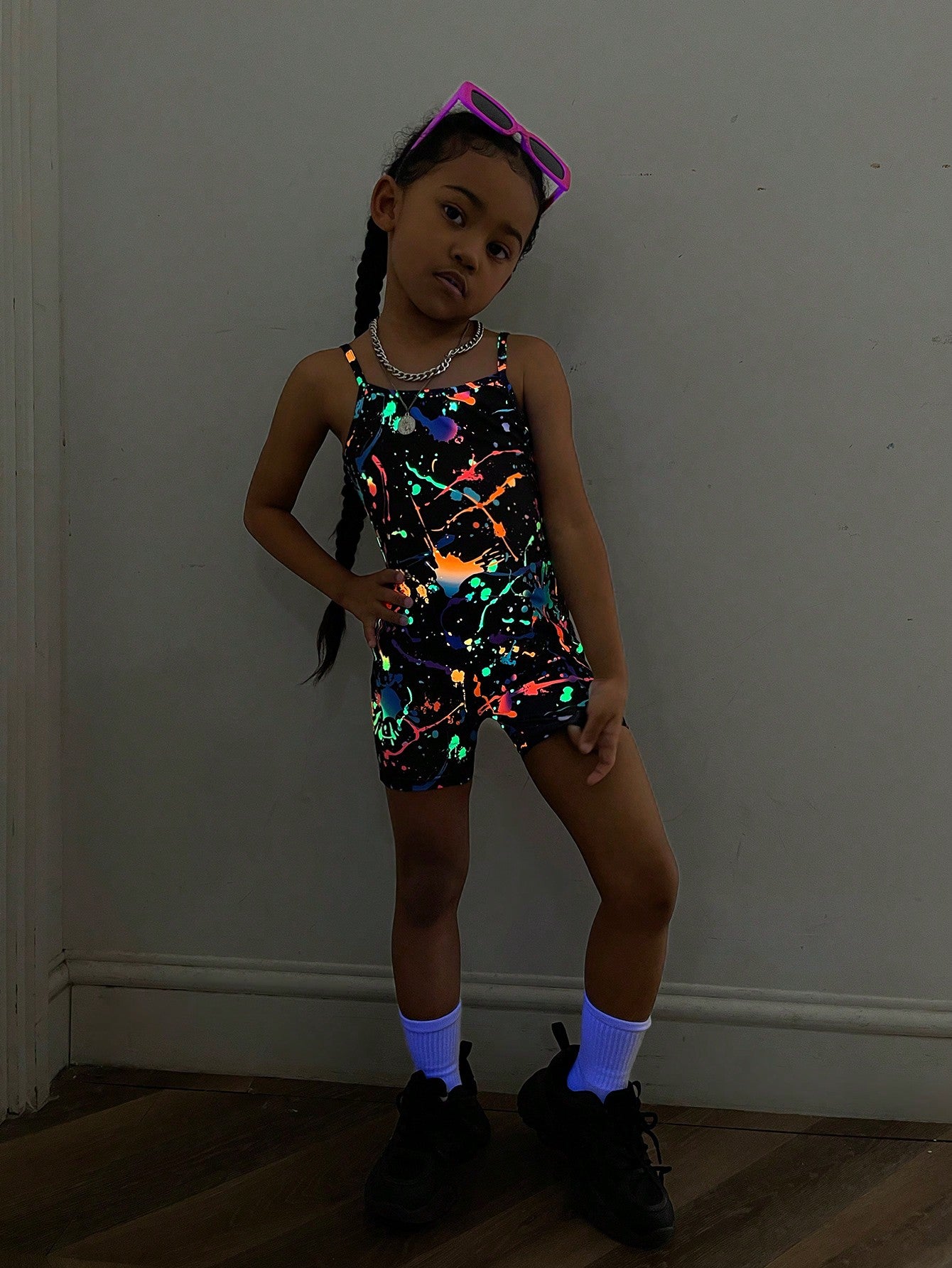 Young Girl Fluorescent Ink Printed Strap Romper