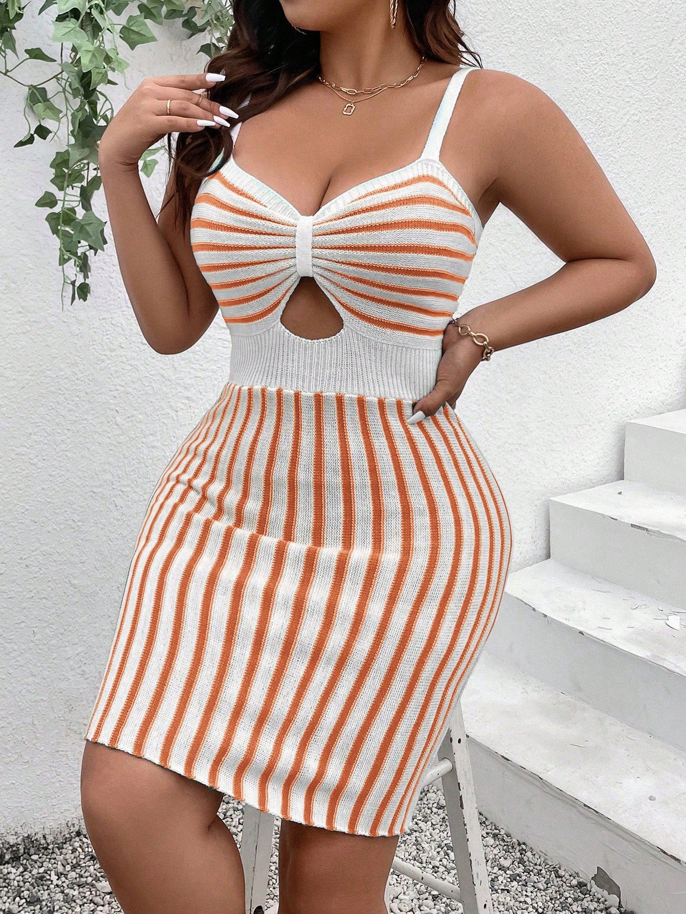 Women's Plus Size Striped Hollow Out Cami Sweater Dress