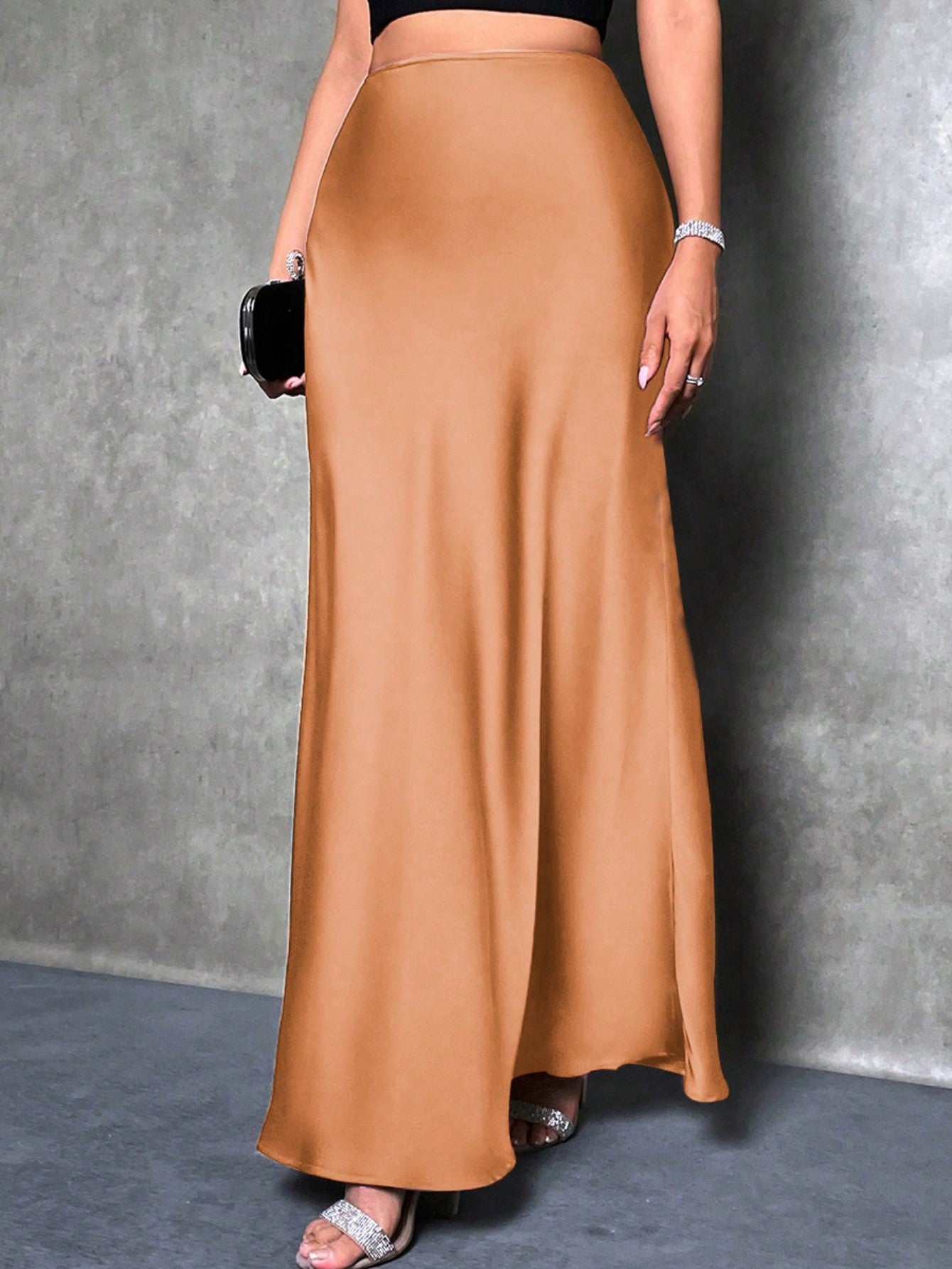 High Waist Solid Maxi Satin Skirt