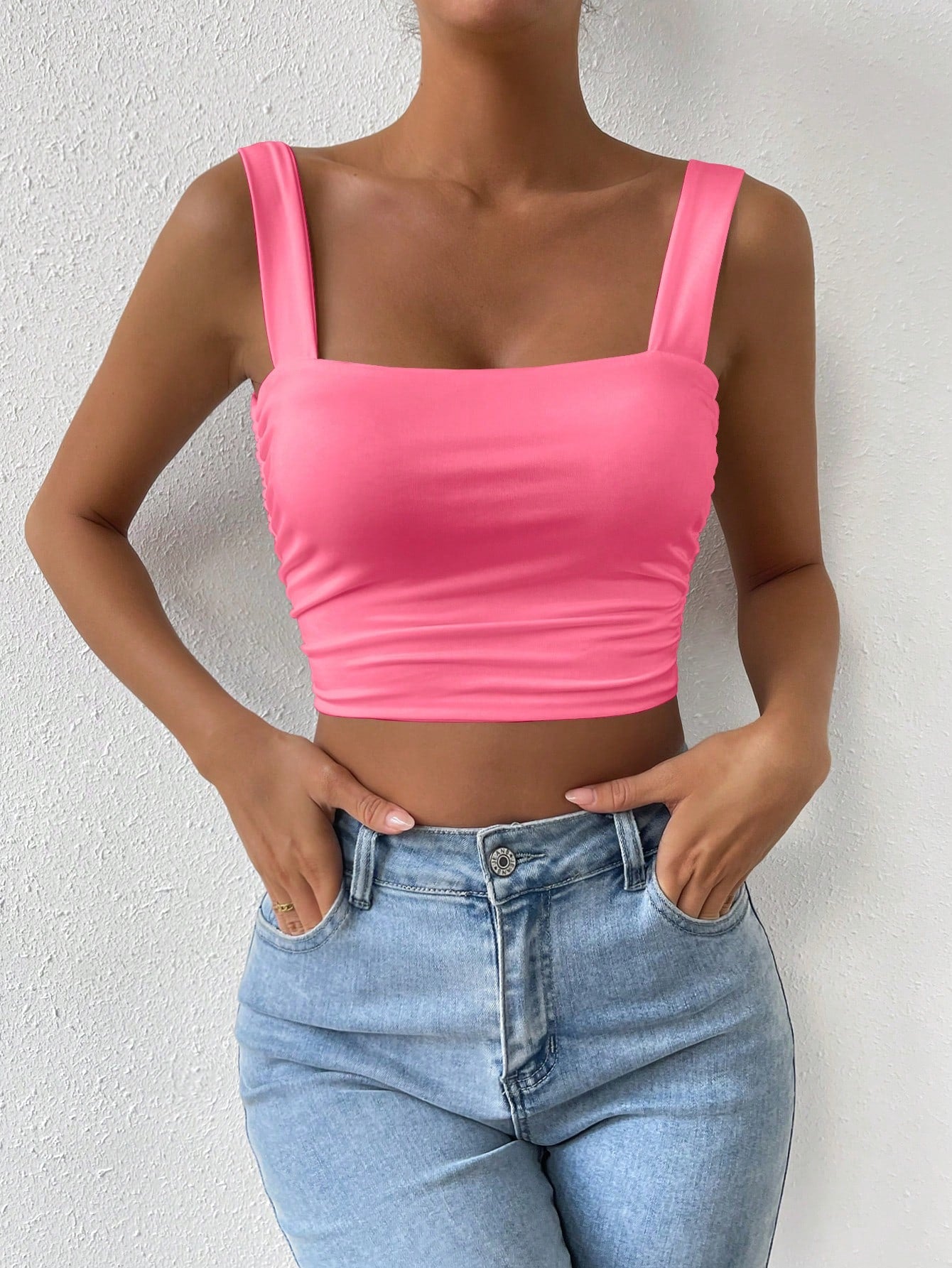 Women's Solid Color Pleated Crop Fitted Camisole For Summer