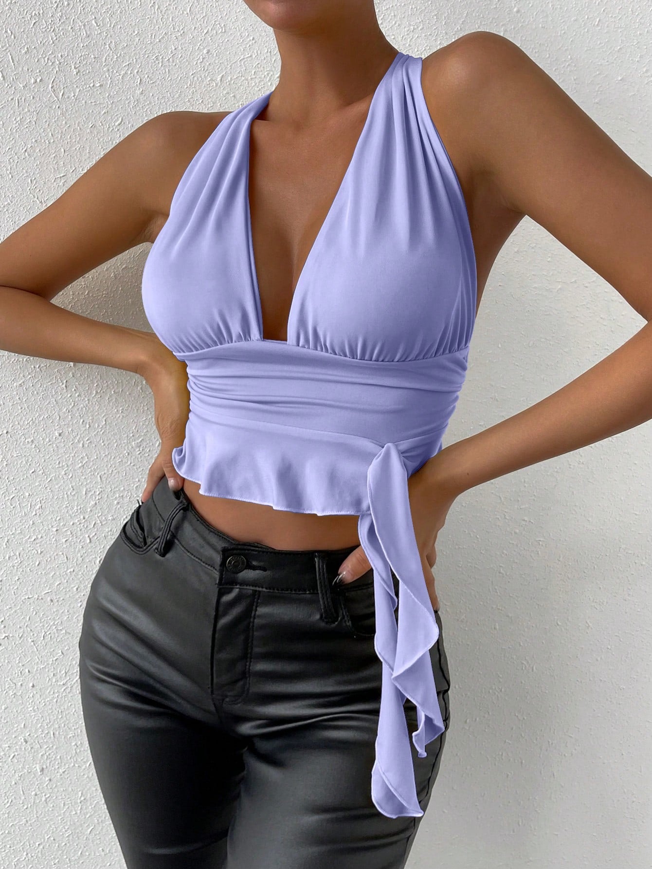 Glamour Plunging Neck Ruffle Trim Crisscross Backless Knot Side Crop Tank Top