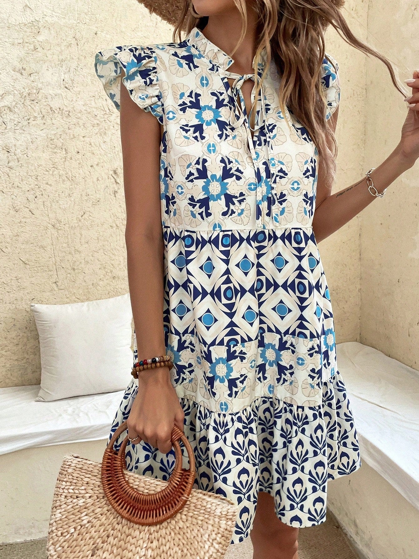 Printed & Patchwork Mini Flutter Sleeve Dress With Neck Tie