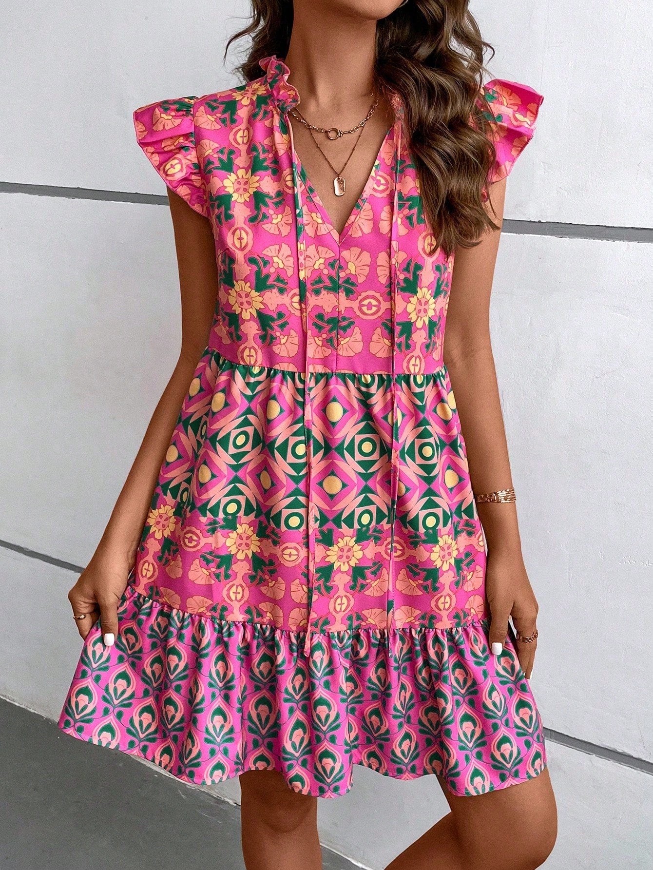 Argyle Print Tie Neck Ruffle Trim Smock Dress