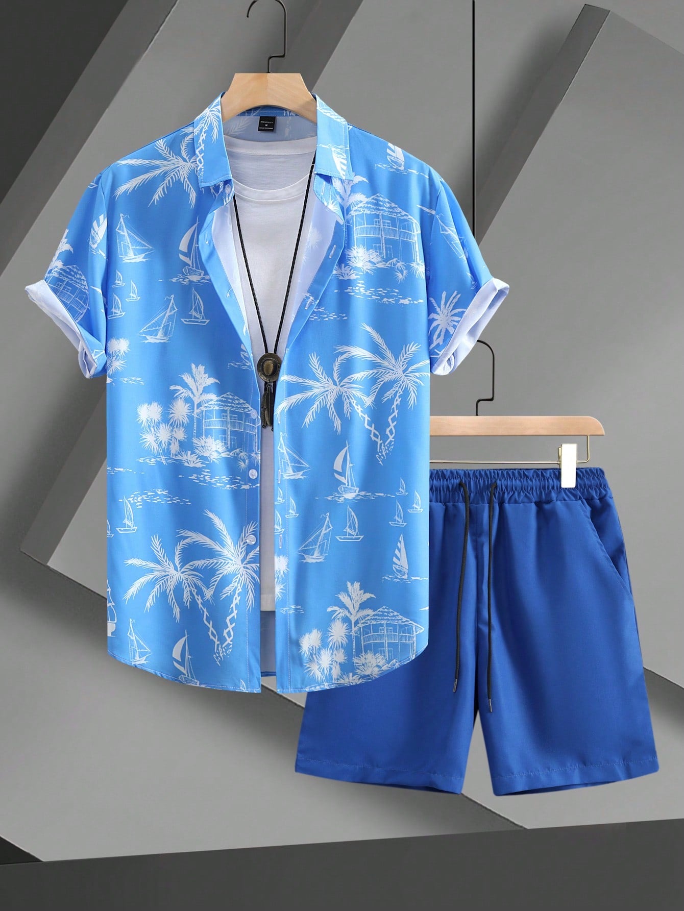 Men's All-over Printed Shirt And Shorts Set With Slanted Pockets